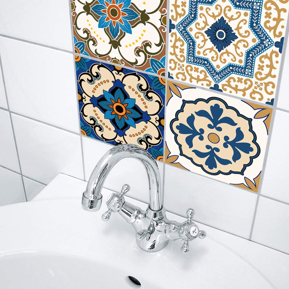 25 PCS Moroccan Style Tile Sticker, 4x4 Inch(10x10cm) Traditional DIY Murals, Tile Waterproof Oil Proof Removable Decals for Bathroom & Kitchen Backsplash (TS-029)