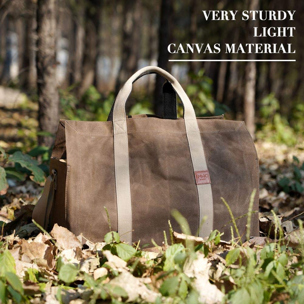 INNO STAGE Free-Standing Firewood Log Carrier Bag - 22 oz Thickened Waxed Canvas Fire Wood Holder Tote with Adjustable Shoulder Strap and Soft Handles for Camping or BBQ Barbecue Dark Khaki