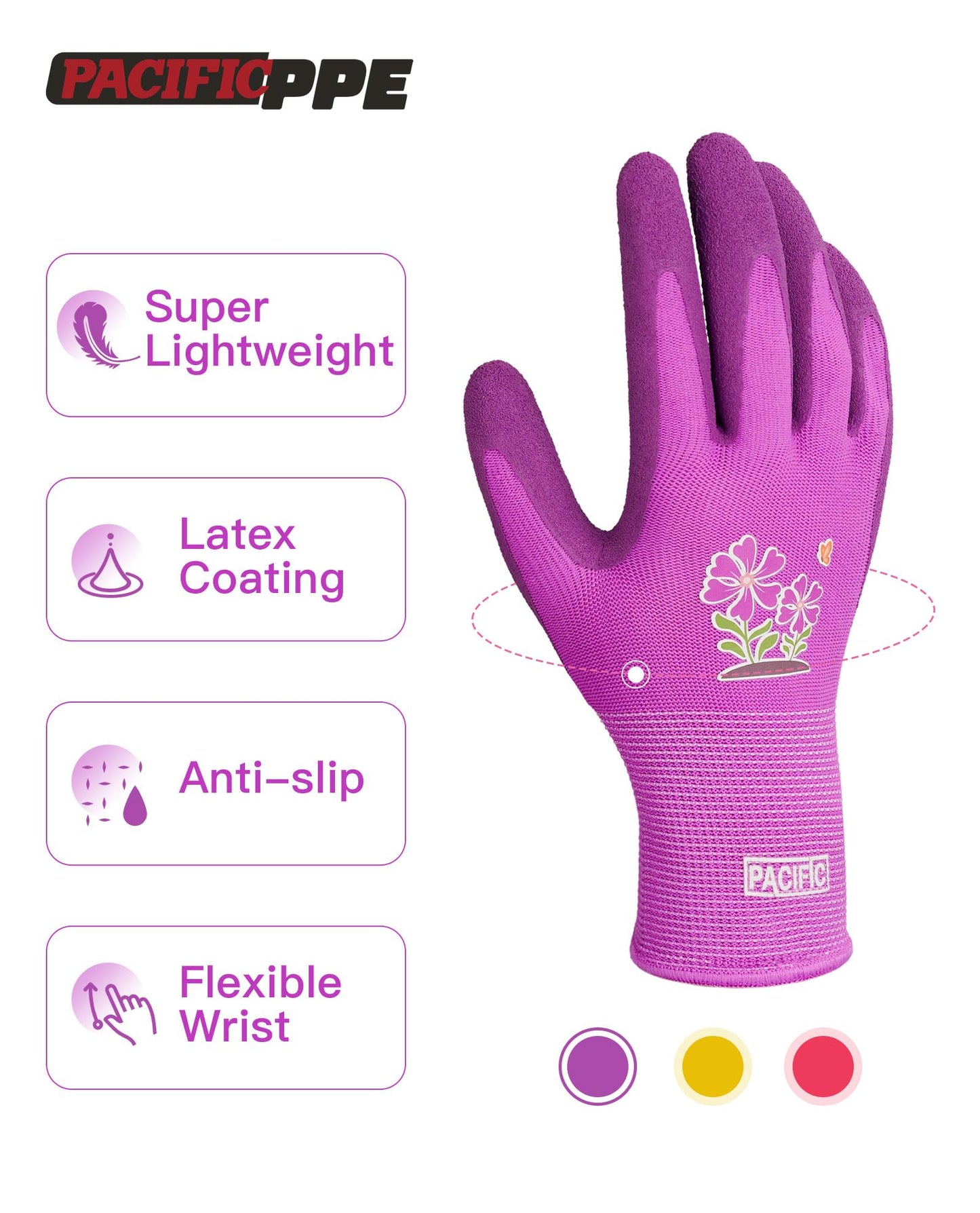 PACIFIC PPE 3 Pairs Gardening Gloves for women, Rubber Coated Garden Gloves, Ladies Yard Work Gloves, Breathable, Purple & Yellow & Red, Medium