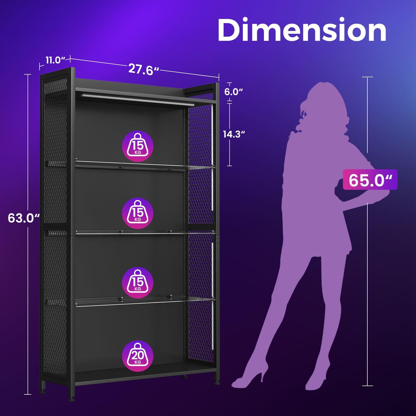 AODK Display Case with LED Lights, Display Cabinet with Glass Storage Shelves and Industrial Metal Mesh, 4-Tier Display Shelf for Collectibles, Curio Cabinet with Open Shelf, Black