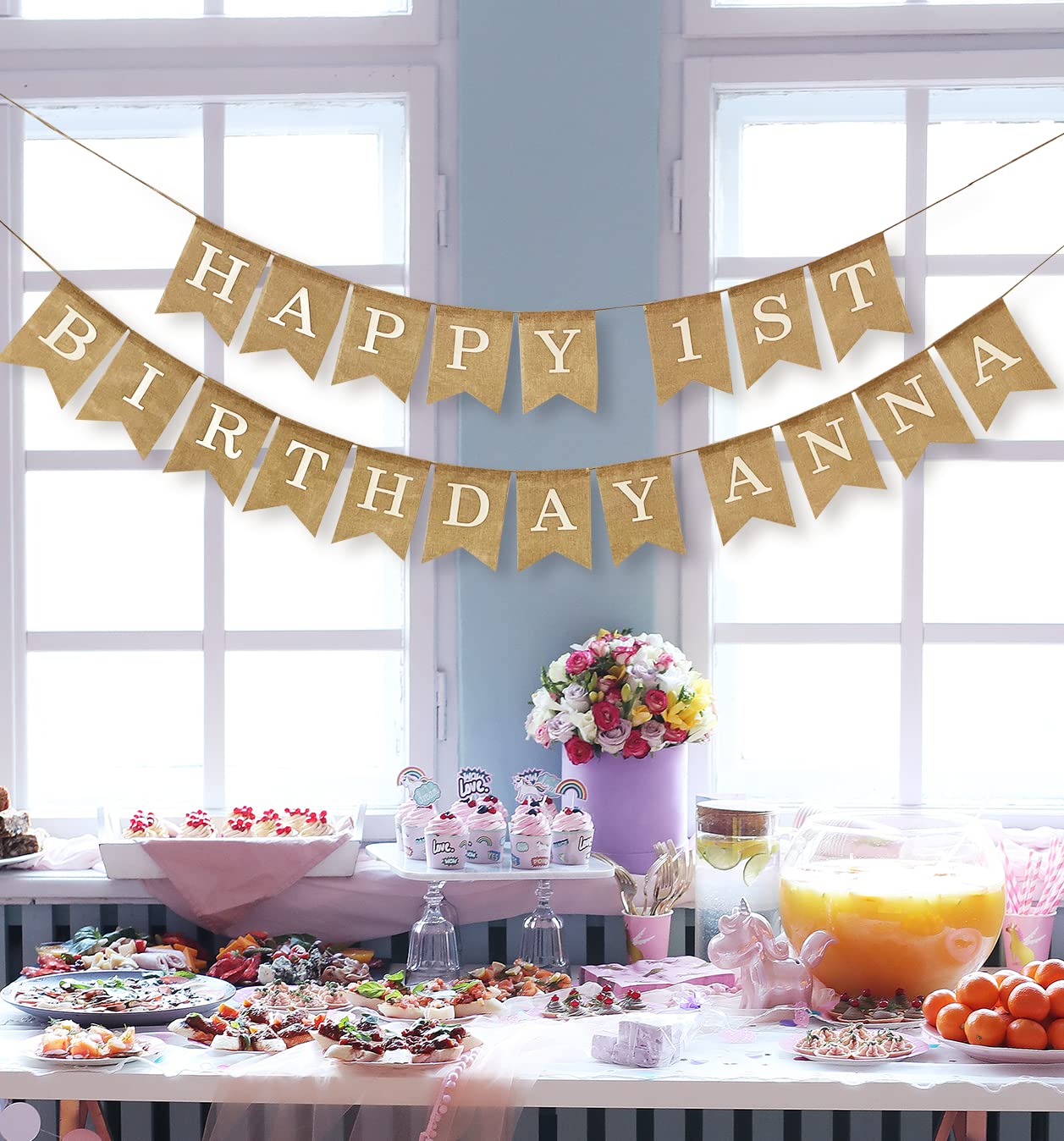 Pre-Printed Banner Kit – 97 BURLAP Flags with WHITE Letters, Numbers & Symbols, Reusable DIY Custom Banner, Make Your Own Personalized Party Banner, Faux Burlap, Includes Twine & 2 Needles