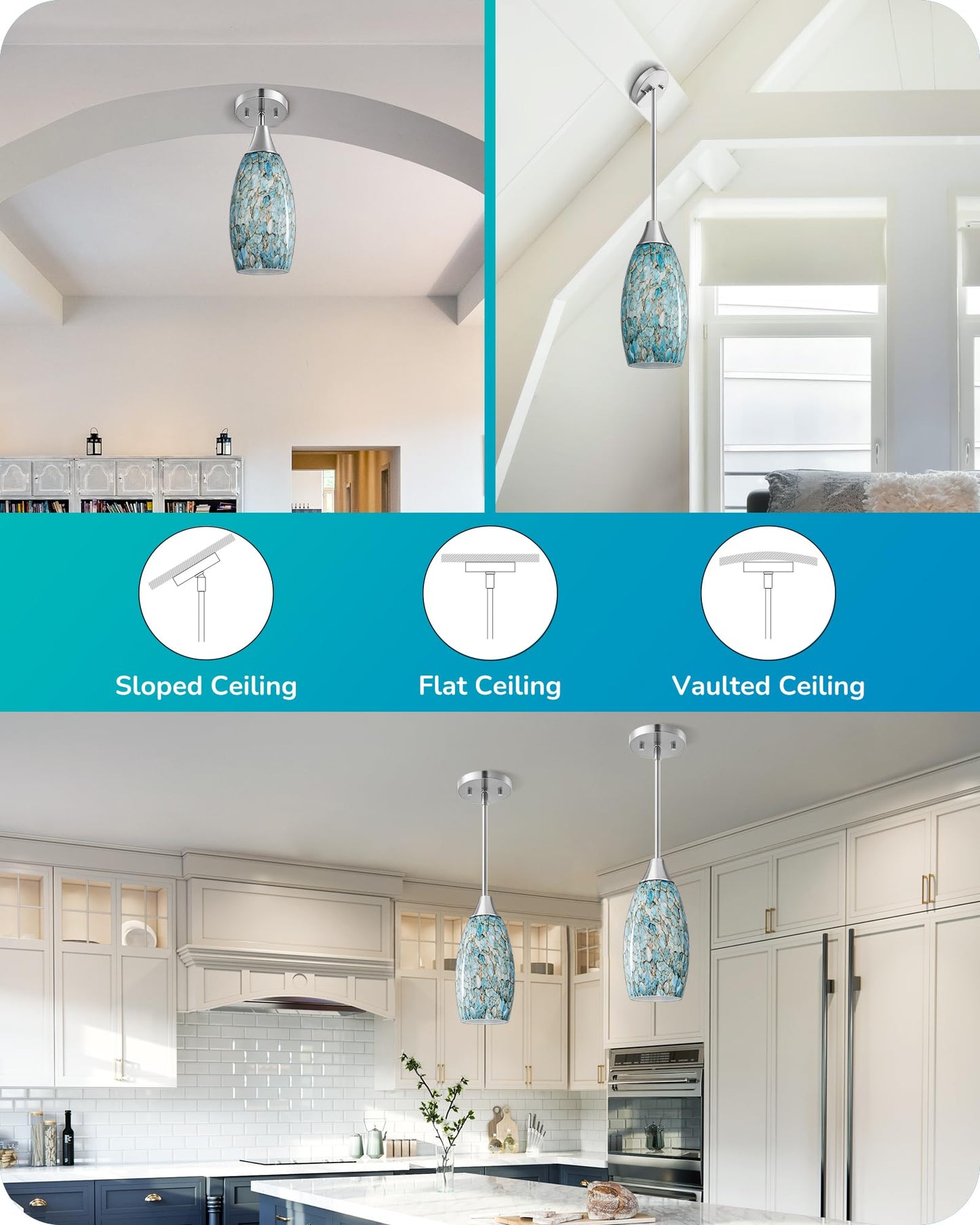 EDISHINE Pendant Light, Hand Blown Hanging Light Fixture, Adjustable Brushed Nickel Rods, 5.12" D x 11.4" H Shade, Blue Glass Pendant Lighting for Kitchen Island, Sink, Bathroom, Dining Room