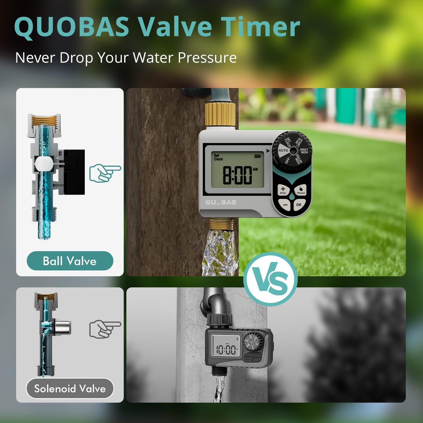 QUOBAS Zero Pressure Water Timer, Programmable Sprinkler Timer for Garden Hose Faucet with Brass Ports, Rain Delay/Manual/Automatic Irrigation System, Low Pressure Watering Compatible Rain Barrel