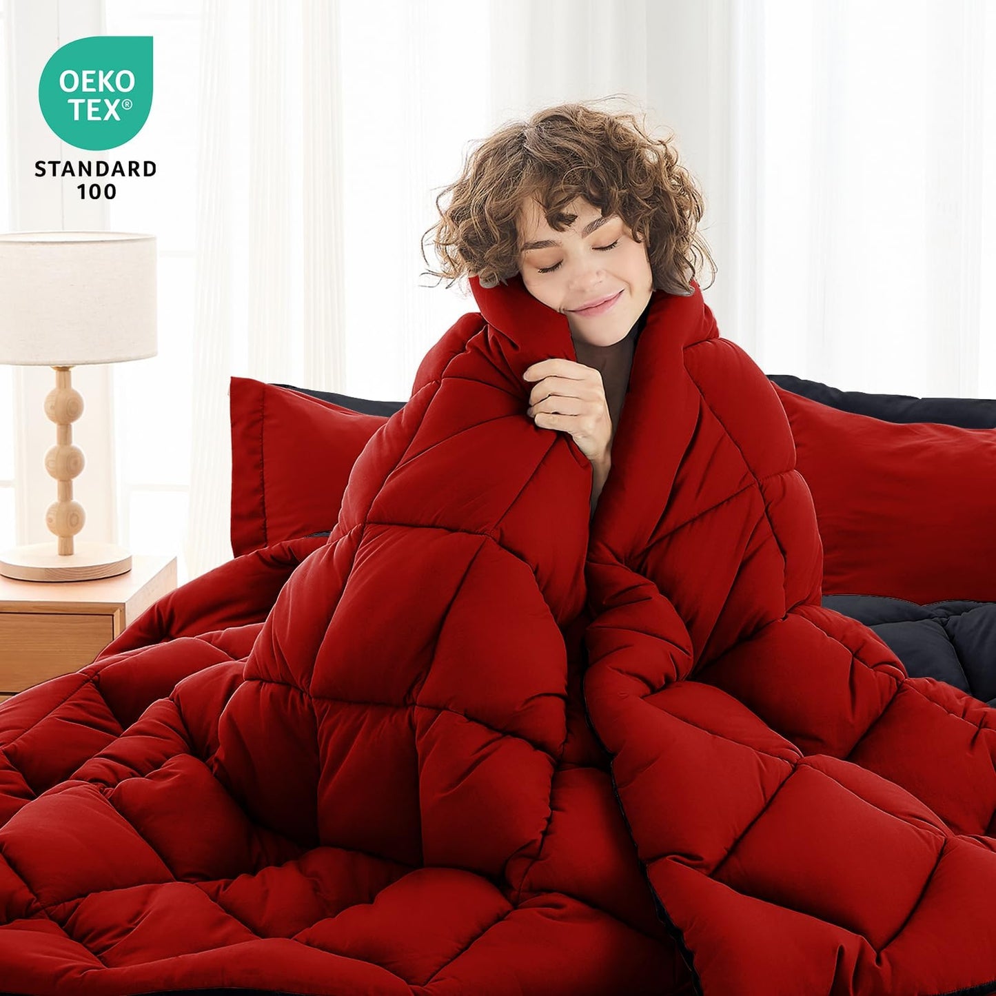 MUXHOMO 7 Pieces Queen Comforter Set, Reversible Bed in a Bag Queen Size, All Season Bedding Set with Comforter, Flat Sheet, Fitted Sheet, Pillowcases & Shams, Red & Black