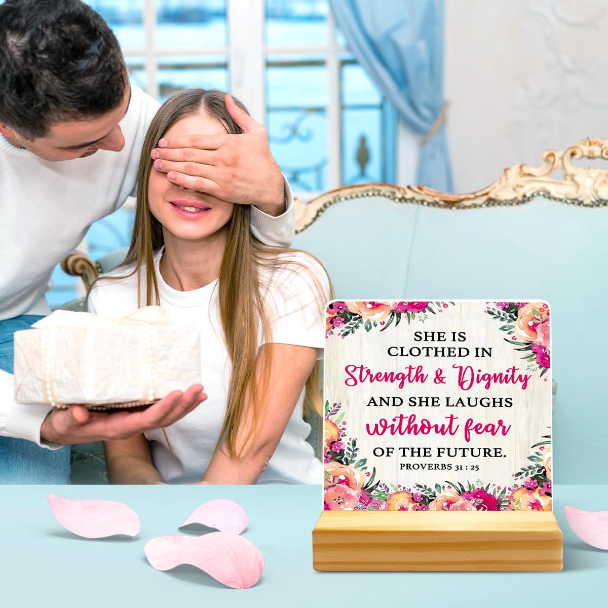 Christmas Gift For Women, Birthday Thanksgiving Christmas Gift, Acrylic Plaque With Wooden Stand Desk Decor, Proverbs 31:25 She Is Clothed In Strength And Dignity Sign