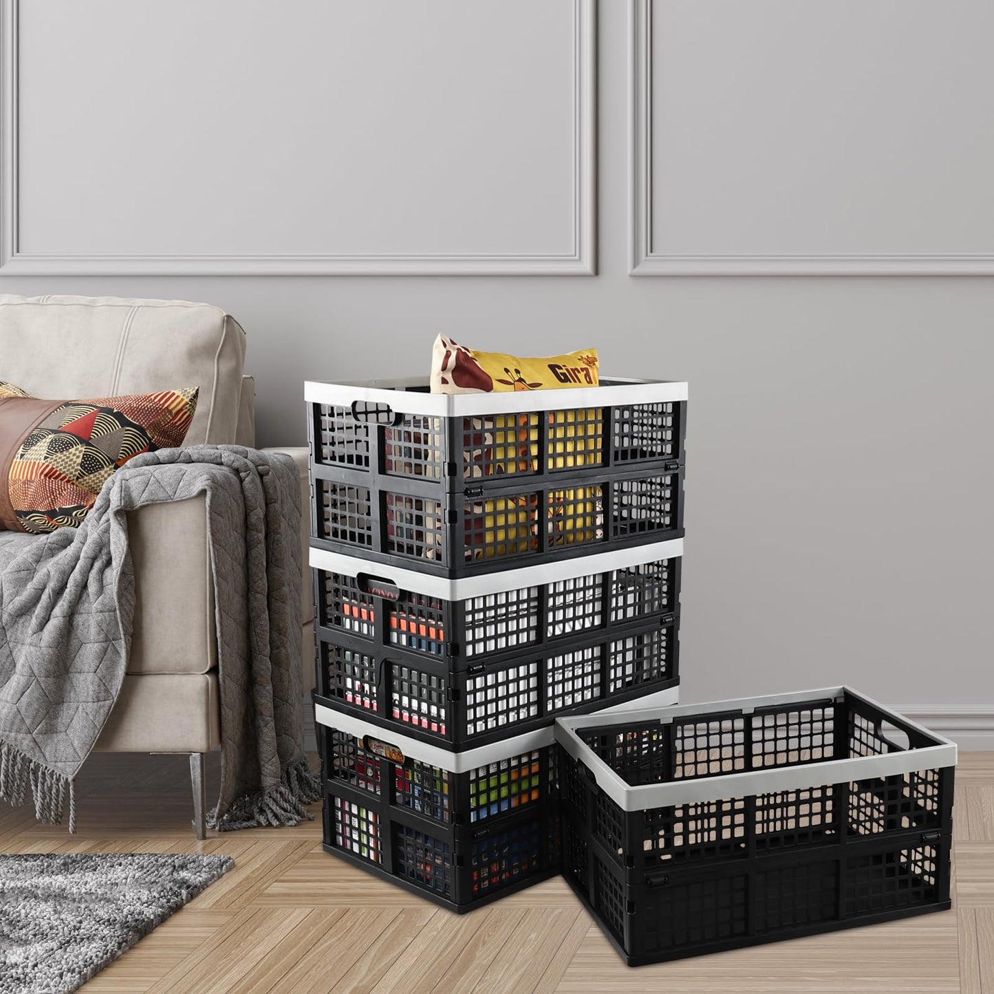 Xyskin 4-Pack 42 L Plastic Rectangular Collapsible Crates, Folding Crates Storage, Black