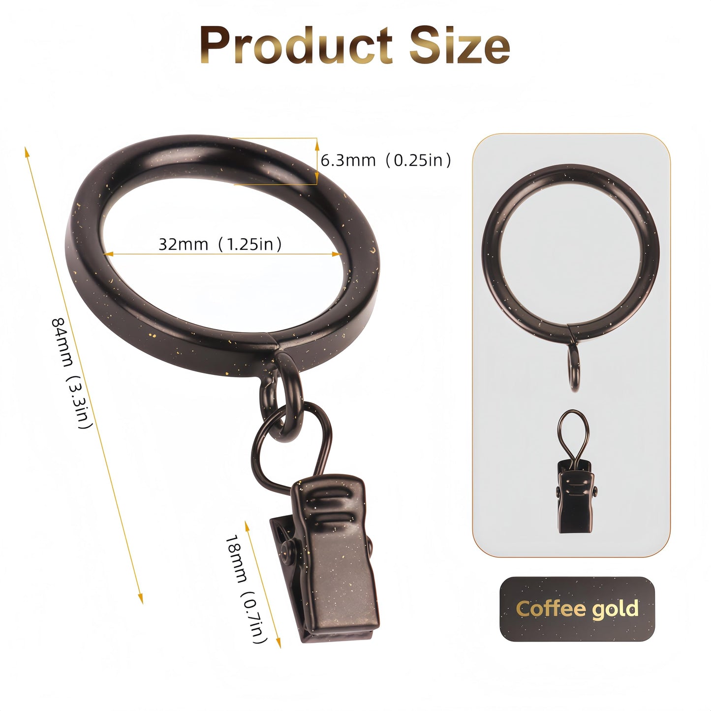 XHLTTBD 38 Pack 1.25 Inch Half-Round Coffee Gold Curtain Clip Rings - Heavy Duty Iron, Quiet Glide, Rustproof, Fits 1.0-1.2 Inches (Curtain Rod Required, Non-Drill)