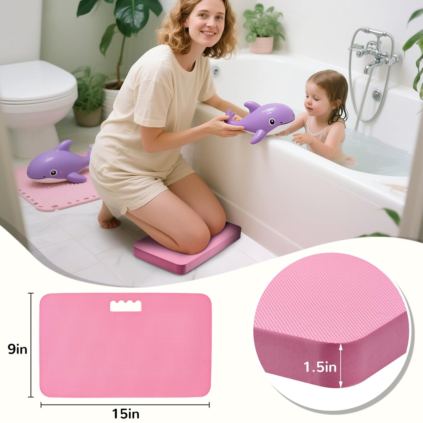 Baby Bath Kneeler, Extra Thick Kneeling Pad for Bathing Babies, Soft Foam Cushioning for Knee, 1.5" Thick Non-Slip, Fast-Drying,Gardening, Bathing Baby, Workout Supplies-Pink