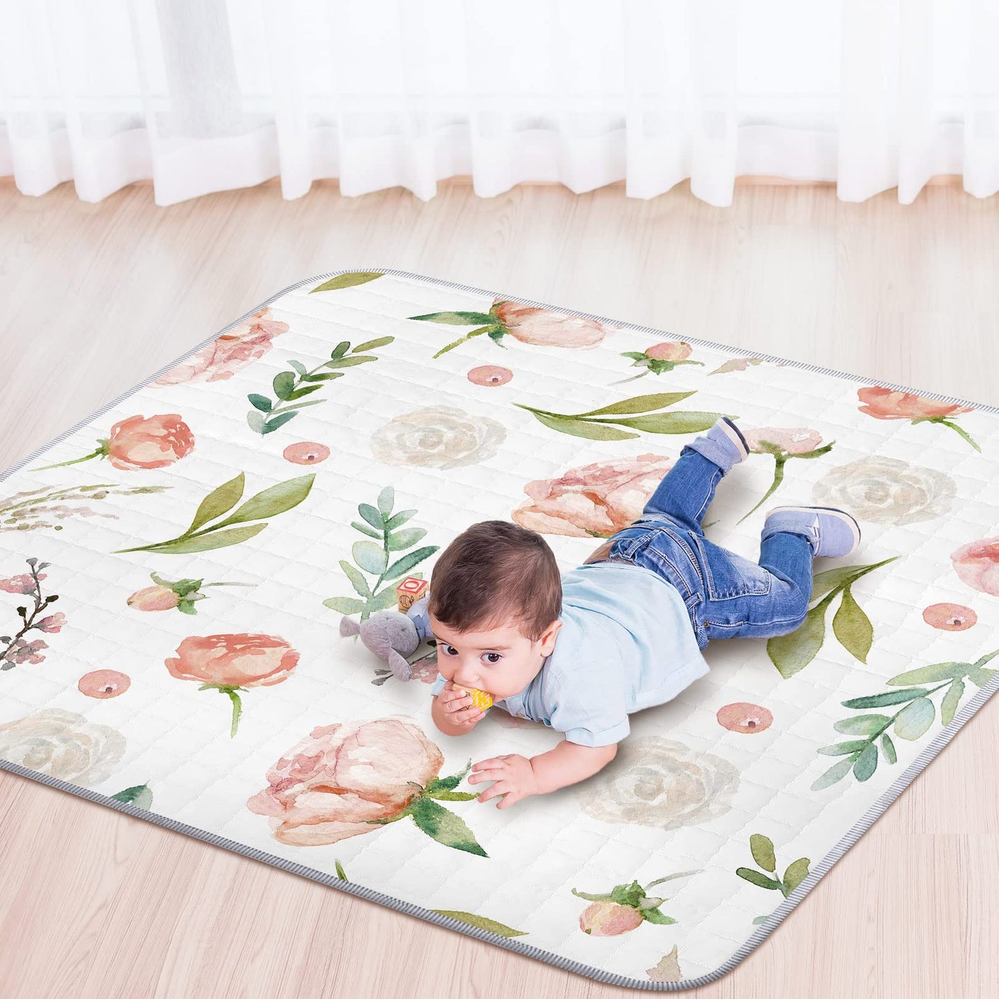 Funtery 43 x 43 Inch Boho Baby Play Mat Portable Crawling Washable Foldable Tummy Time Non Slip Baby Floor Large Playpen Mat for Infants Toddlers Floor Playpen Activity(Flower Theme)
