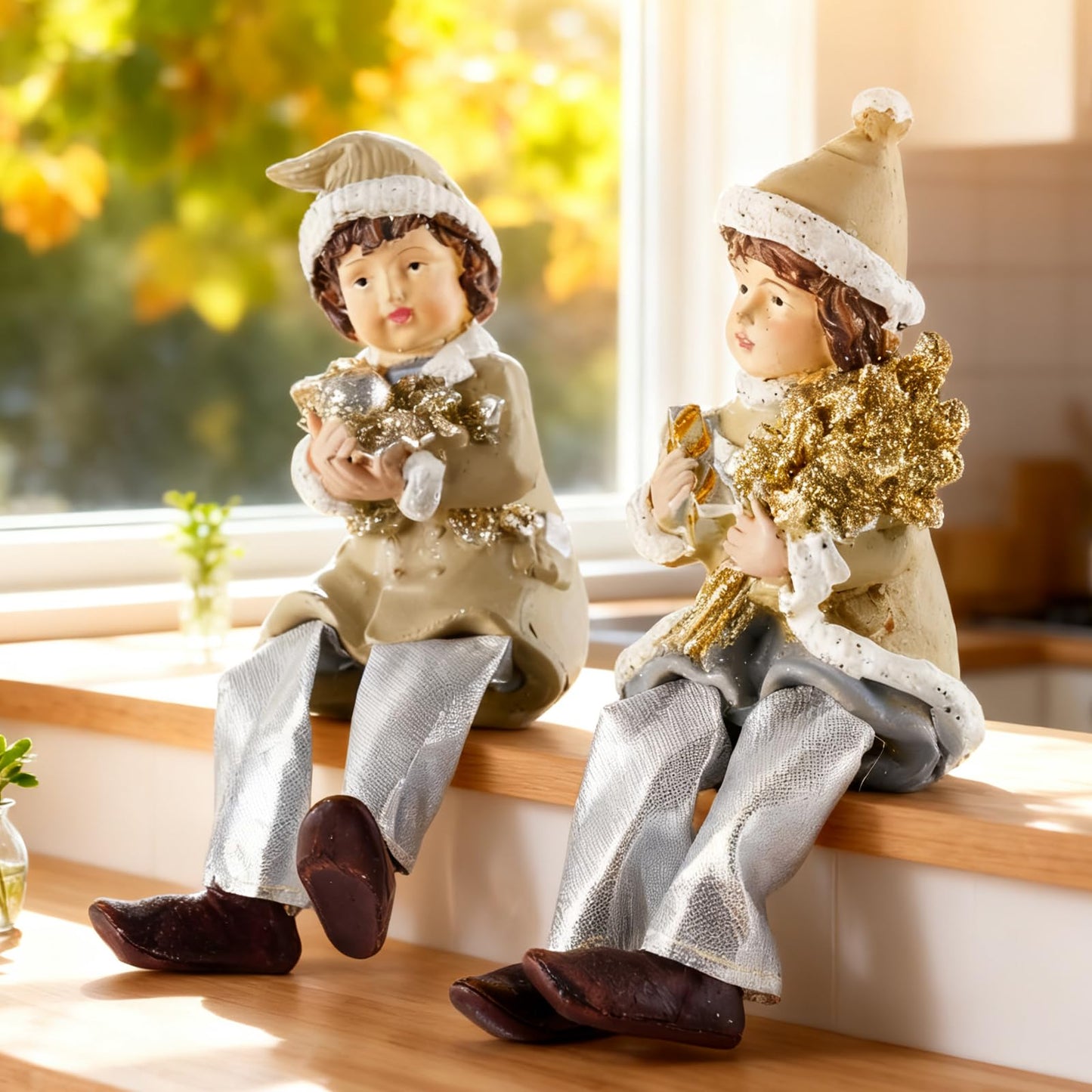 Brizoria Christmas Boy Figurines Shelf Sitters Winter Holiday Decorations Resin Cloth Dolls for Mantel Tabletop Decor, Ideal Gift for Mom, Dad, and Friends