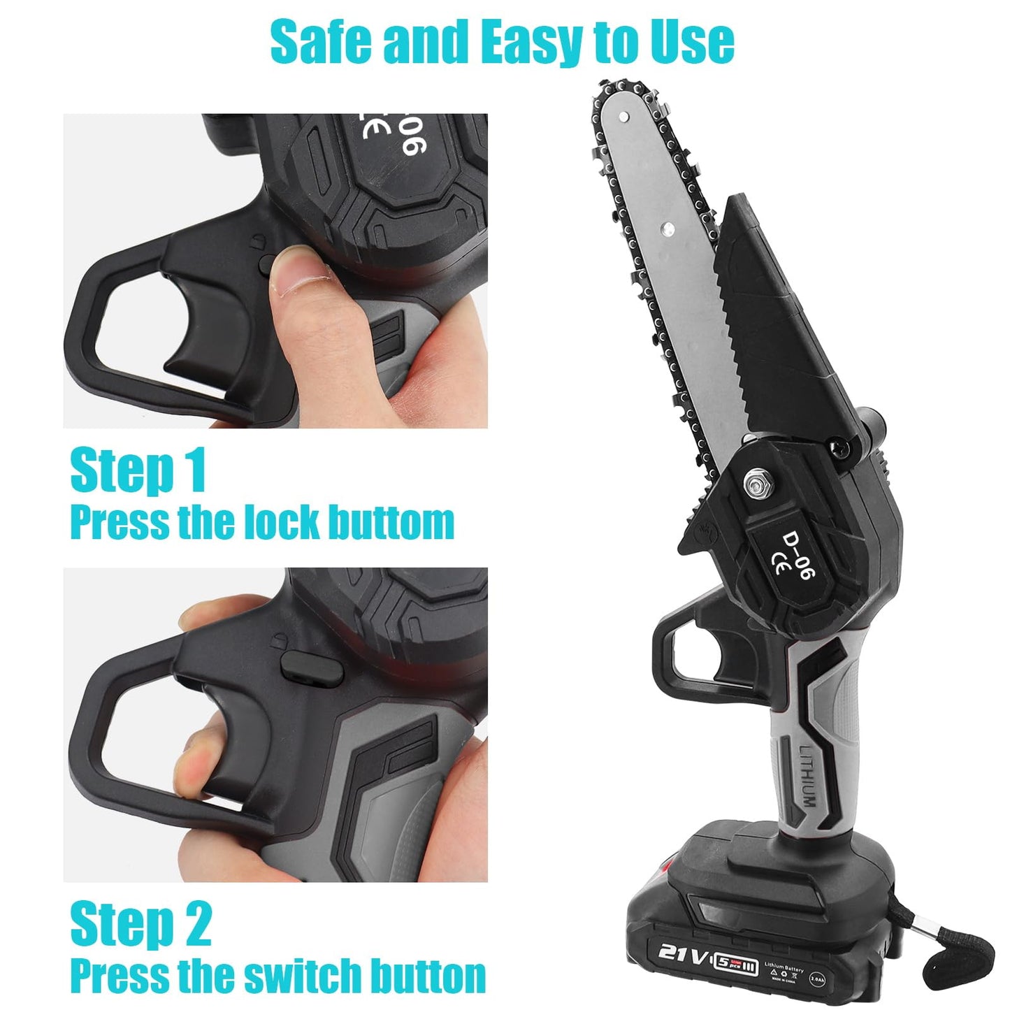 6 Inch Mini Chainsaw, Cordless Electric Chainsaw with 2 Battery, Handheld Mini Chain saw with Security Lock for Wood Cutting Tree Trimming Gardening, Black