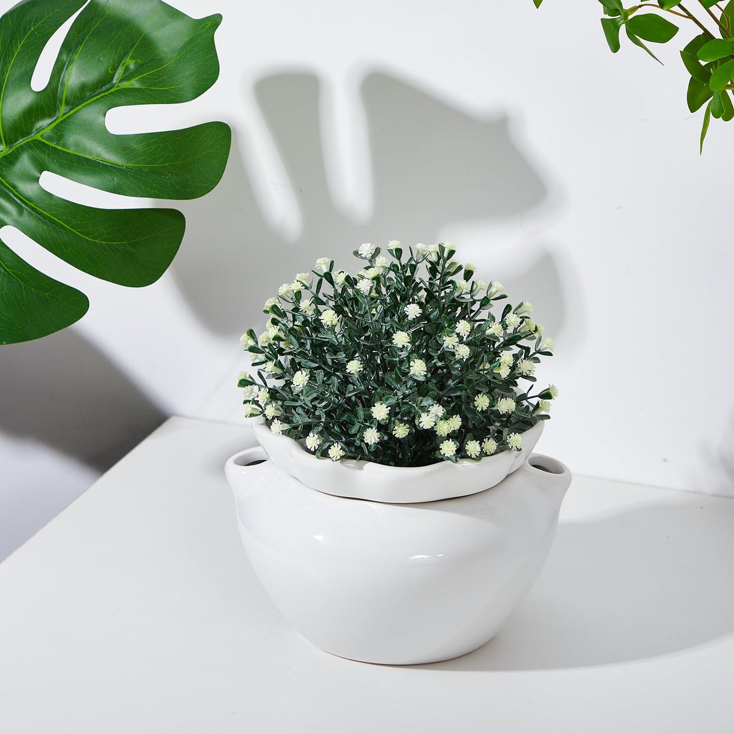 Sunnychicc 1 Set 7.5 Inches African Violet Pots Self Watering White Ceramic Pot for Indoor Plants, Flowerpot with Highly Absorbent Inner Pot for Busy Plant Lovers, Plant Care