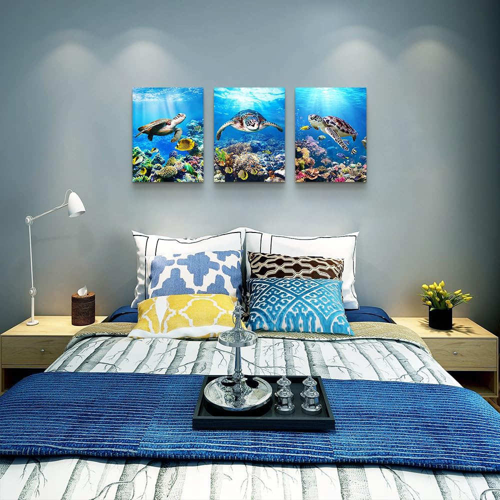 MHARTK66 Canvas Wall Art - Modern Decor for Living Room, Bedroom & Office - Sea Turtle Wall Paintings - Ocean & Underwater World Pictures - 3 Panels Ready to Hang - 12" X 16" Each