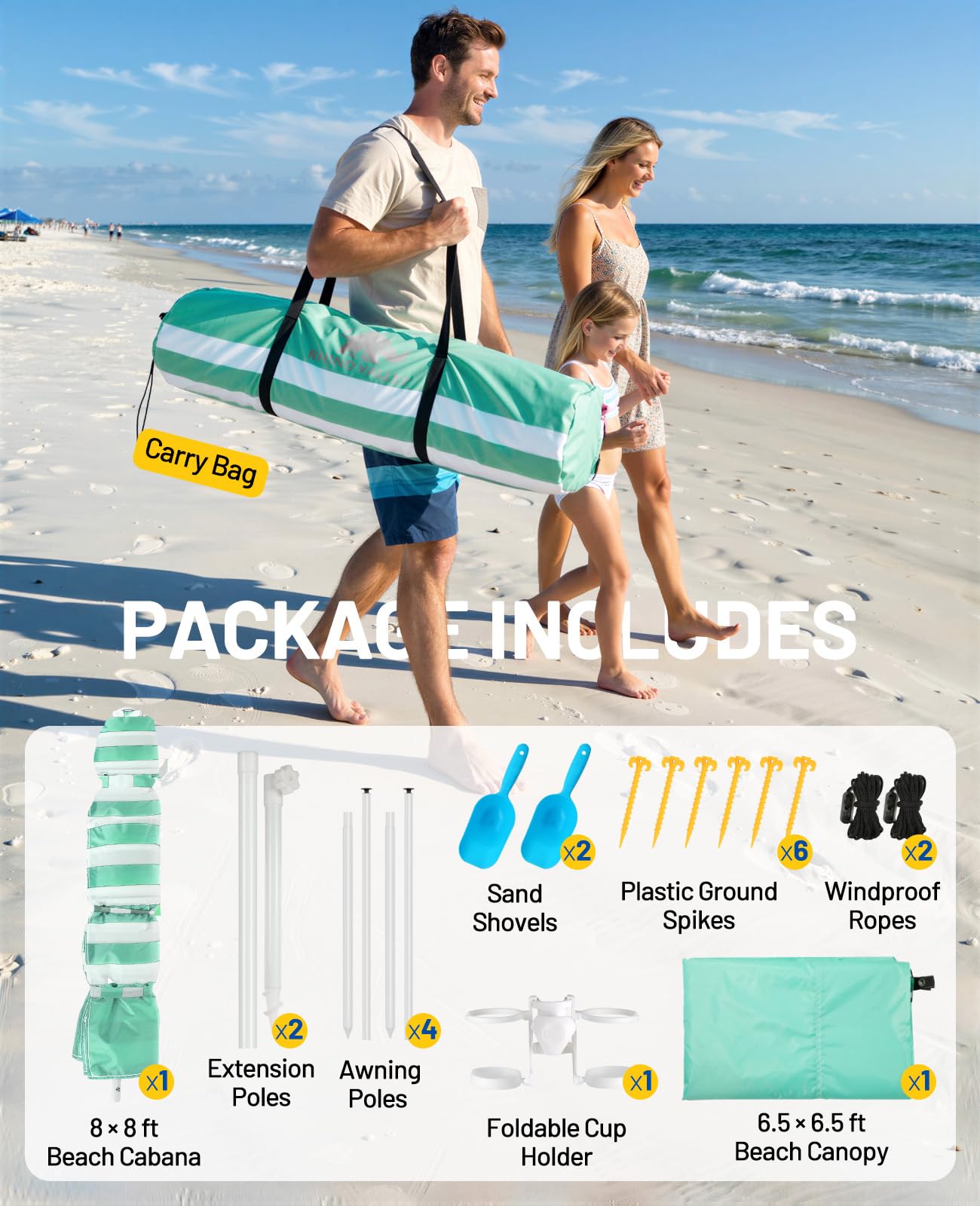 Rhino Valley Beach Cabana, 120 Sq. Ft Beach Canopy UPF50+ Protection, Easy Setup & Adjustable Height Beach Tent Sun Shelter with Cup Holder, Portable for 4-8 People, Light Green & White Stripes