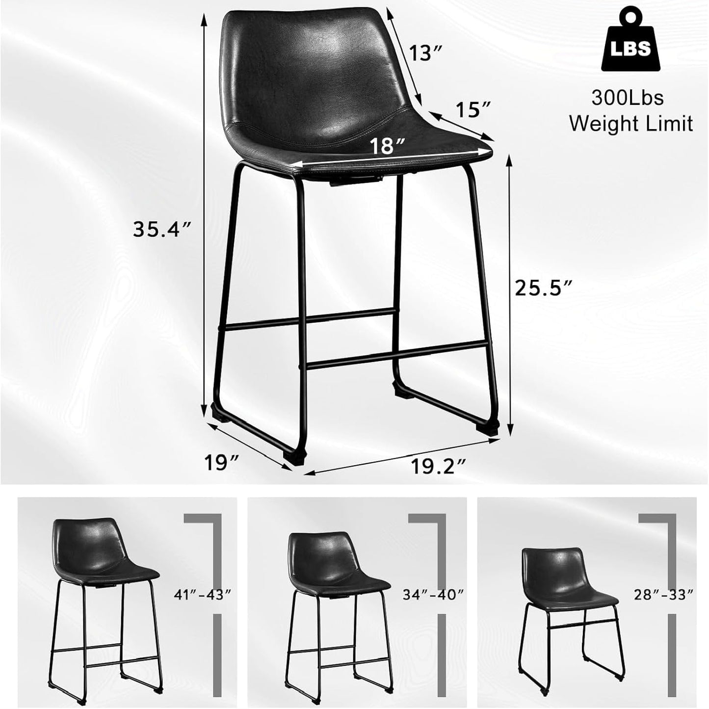 LEMBERI 26 inch Bar Stools Set of 2, Modern Counter Height Bar Stools, Faux Leather Barstool with Back and Metal Leg, Armless Bar Chairs for Kitchen Island (Black, 2pcs 26")