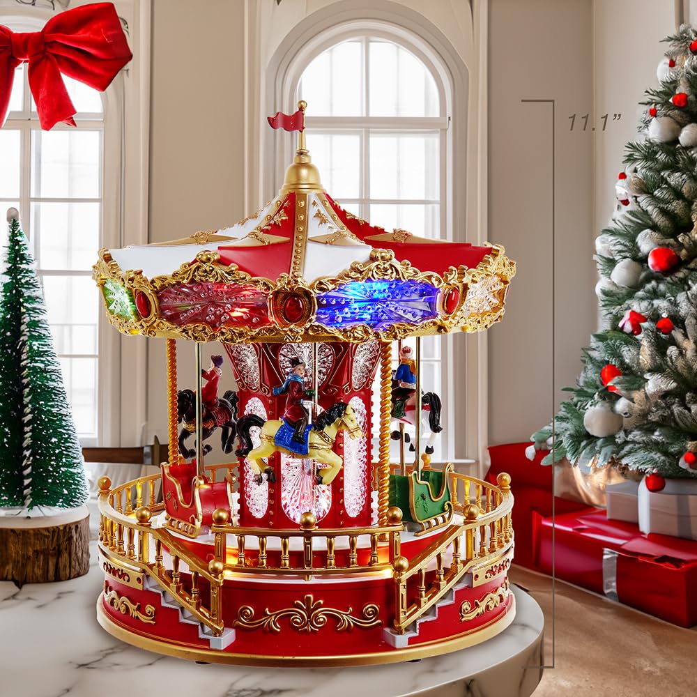 Kurt Adler 11.1-inch Battery Operated Multicolor LED Lighted Musical Santa Carousel with Motion Table Piece
