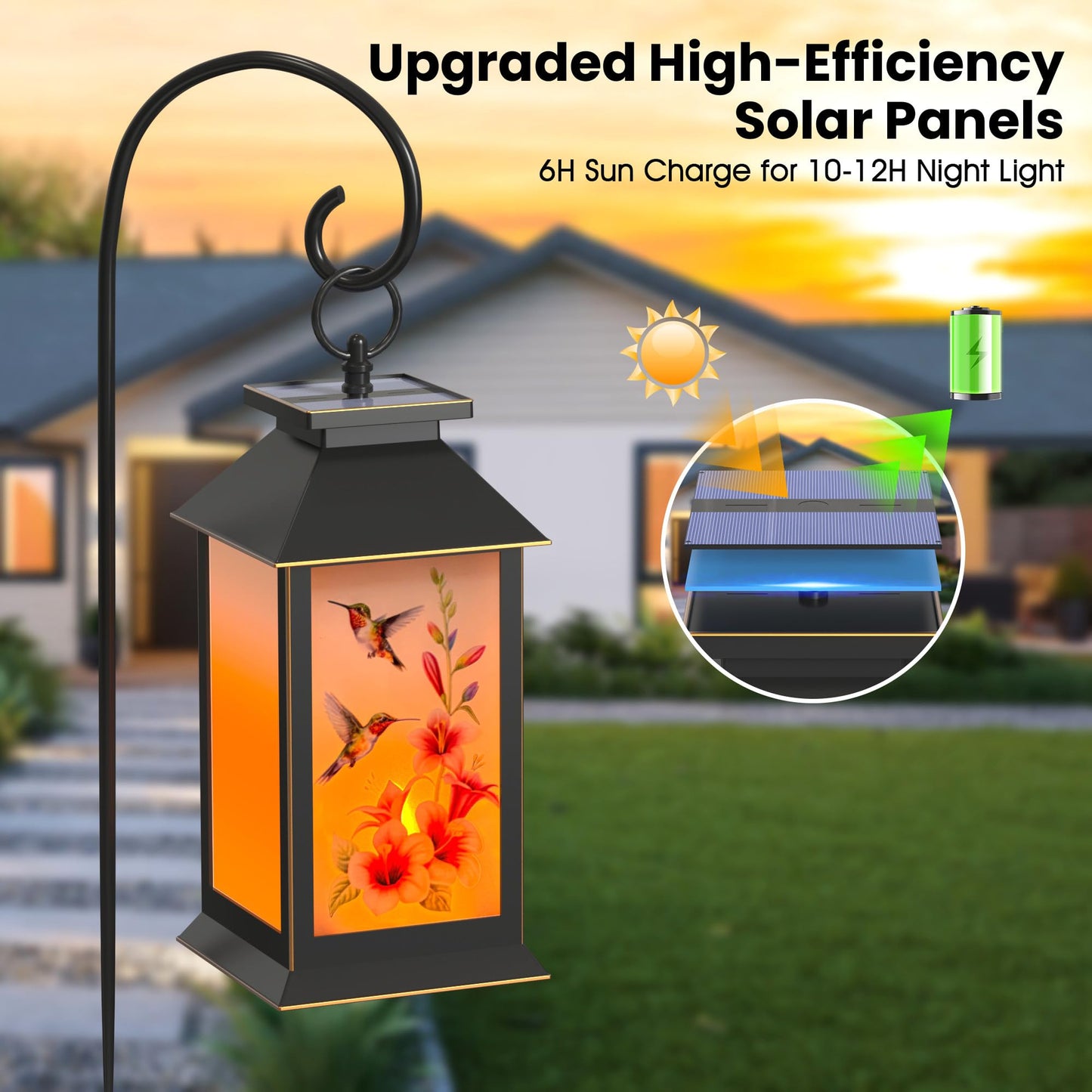 2 Pack Hanging Solar Lanterns, Hummingbird Flame Lantern, Outdoor Waterproof Upgraded Solar and 2 AA Batteries Powered, for Outside Porch, Patio and Indoor Tables, Mantelpiece.