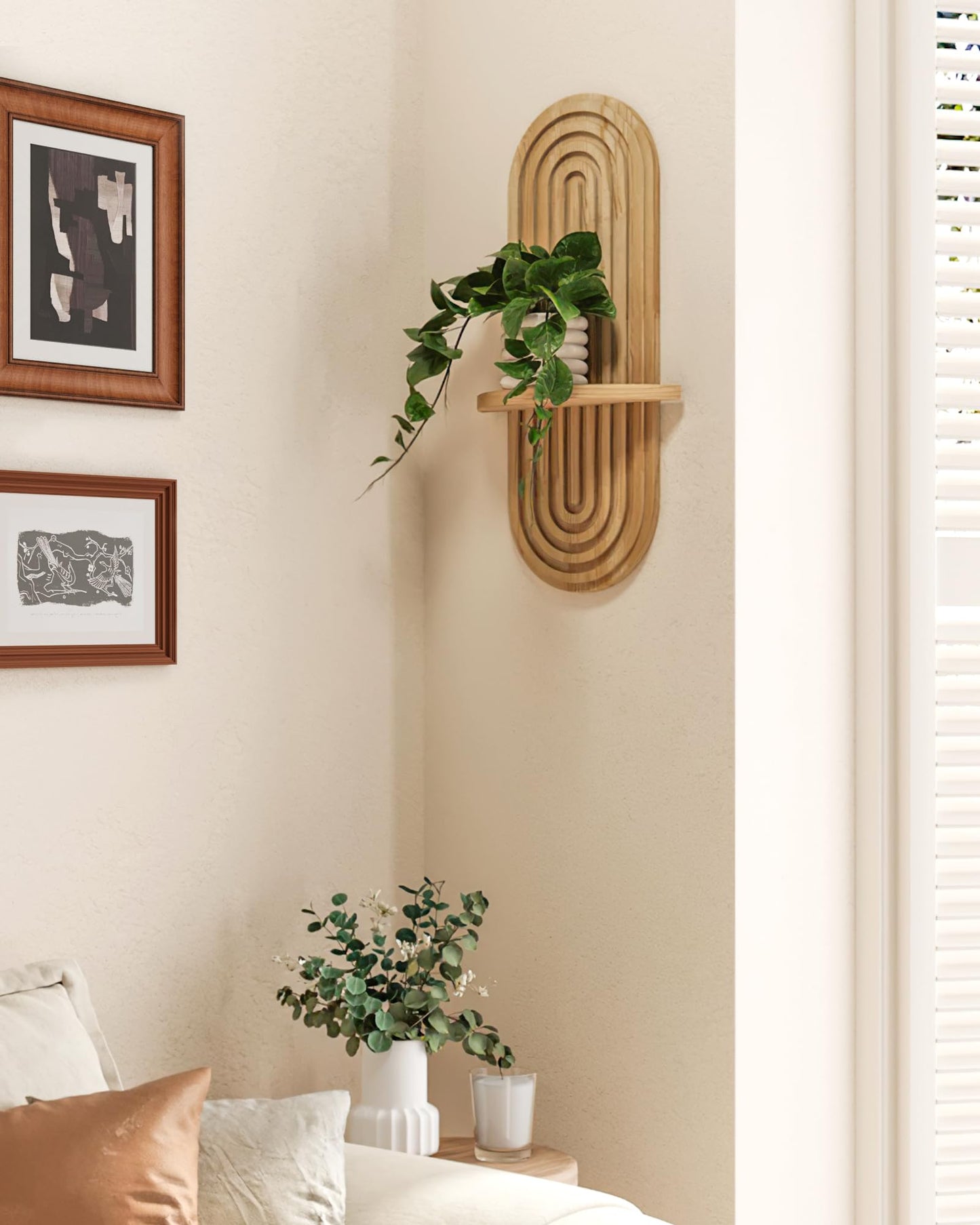 Bamworld Boho Wall Decor Brown Plant Wall Shelf, Mid Century Modern Decor Hanging Plant Shelf, 1-Tier Floating Shelves for Home, Bathroom Bedroom Living Room Natural