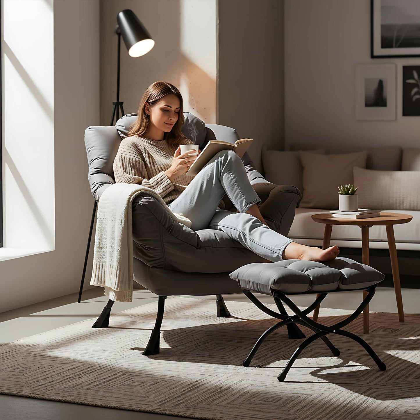 Welnow Lazy Chair with Ottoman, Modern Accent Chair with Armrests and a Side Pocket, Leisure Sofa Armchair, Reading Armchair with Footrest for Small Space, Dark Grey