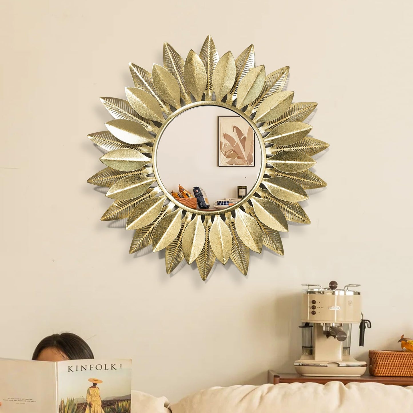 HEBOIX 24" Gold Sunburst Decorative Wall Mirror – Handmade Flower Design, Luxury Round Accent Mirror Boho Wall Decor for Bedroom,Entryway, Dining Room & Kitchen