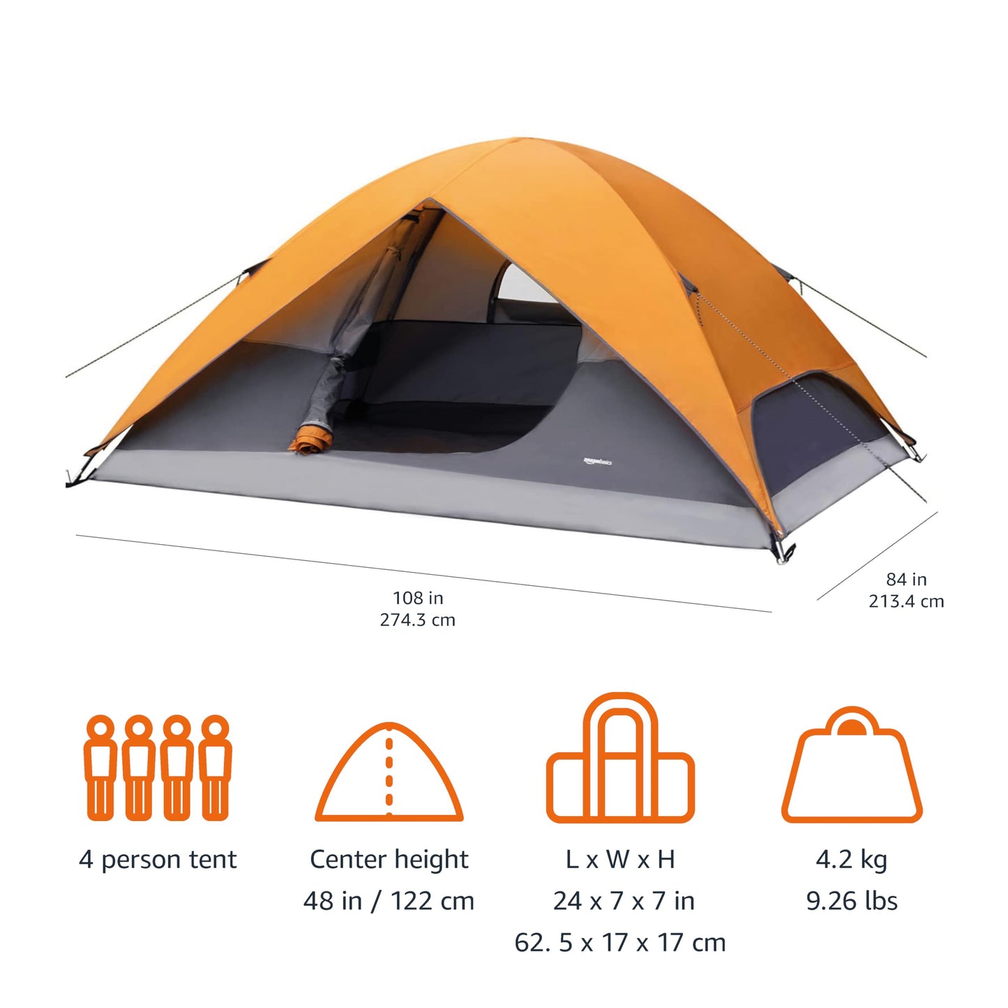 Amazon Basics 4-Person Camping Tent with Quick Setup, Spacious Interior, Ventilation Design, 3-Season Dome Design with Rainfly, Orange/Grey
