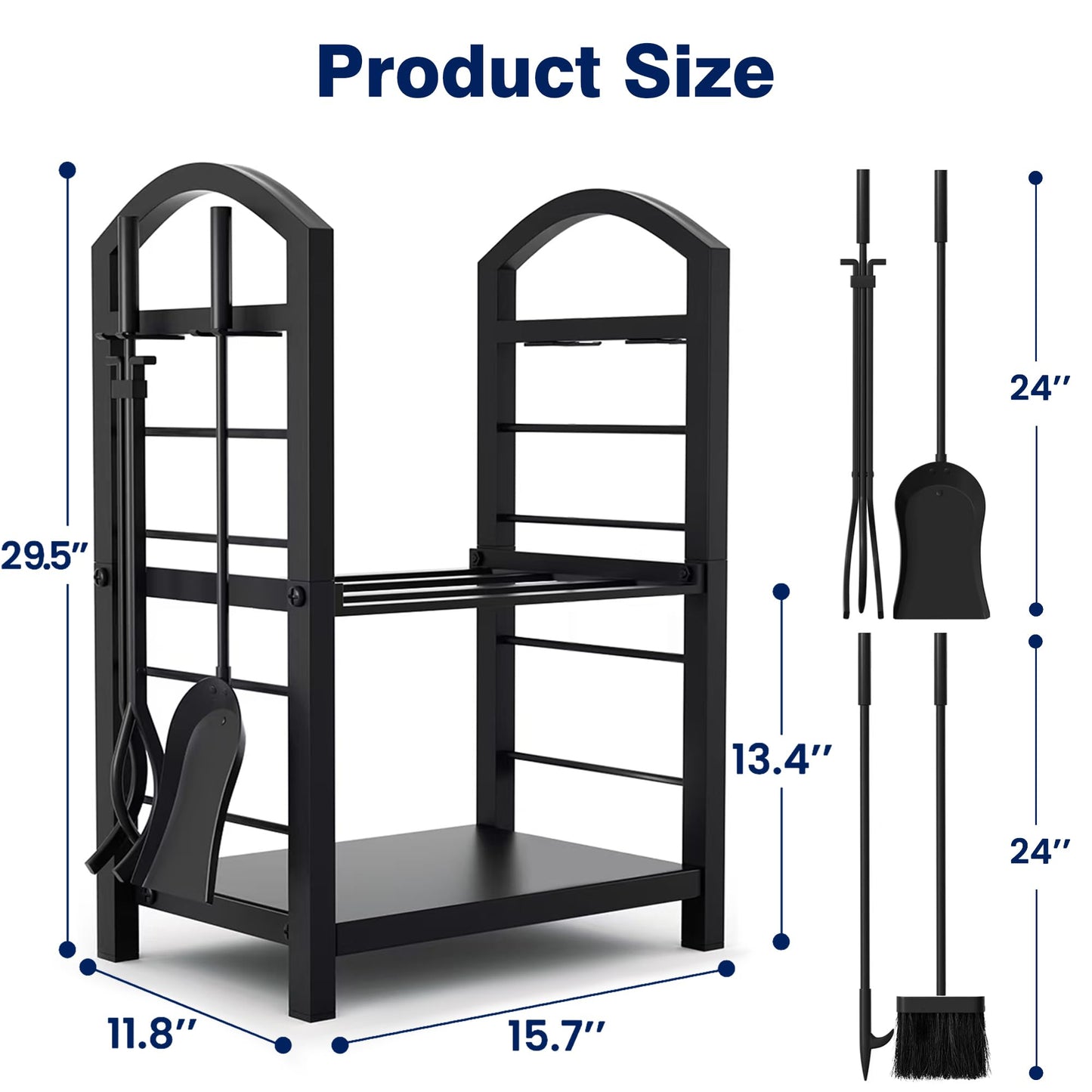 AMAGABELI GARDEN & HOME Firewood Rack Indoor with Tools 5-Piece Fireplace Tools Set Wood Holder Outdoor Wrought Iron Log Holder Firewood Storage Rack for Fireplace,Fire Pit,Wood Stove Black