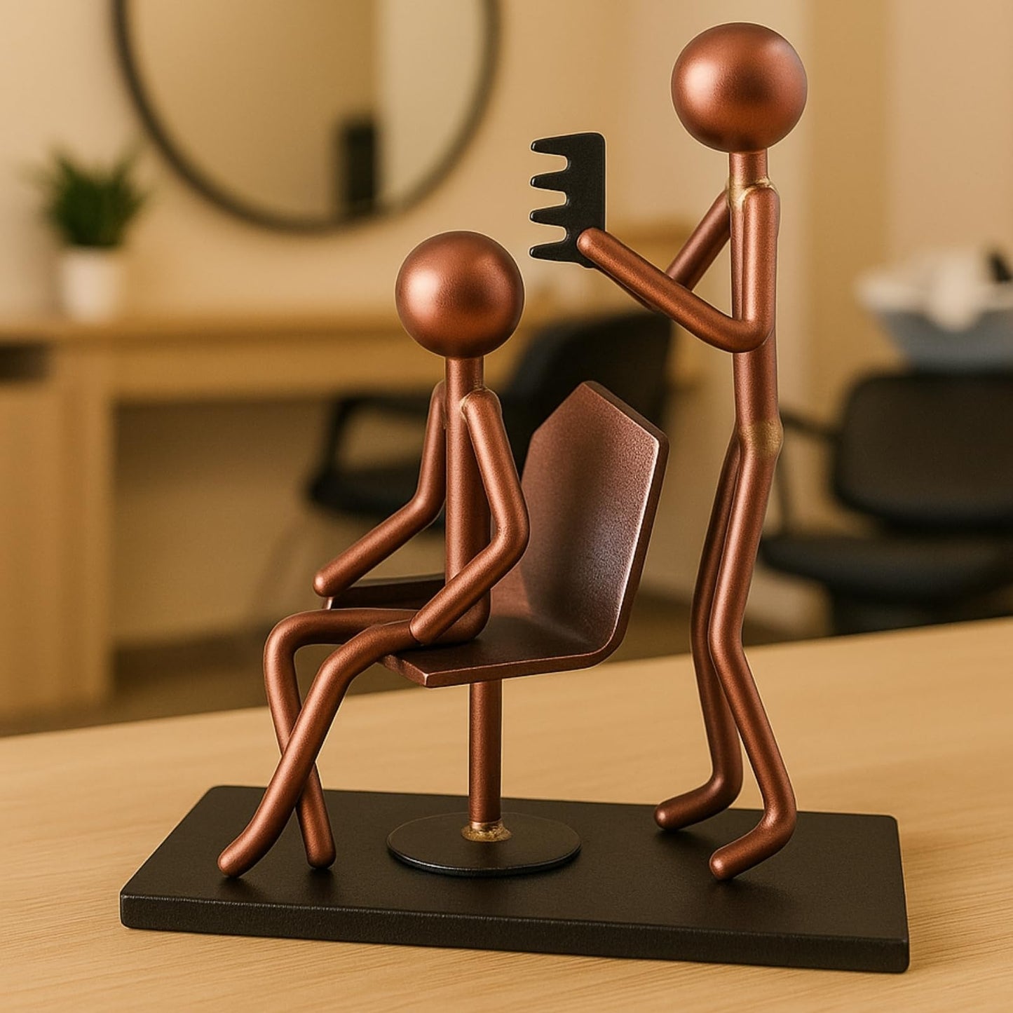 GUTE Hairdresser Craft Handmade Figurine 4.25" L x 4.25" H Recycled Metal Sculpture & Hand Welded Bronze Finish Art Gift Barber Shop Decor, Salon Desk Accessories & Hairstylist Appreciation Gifts
