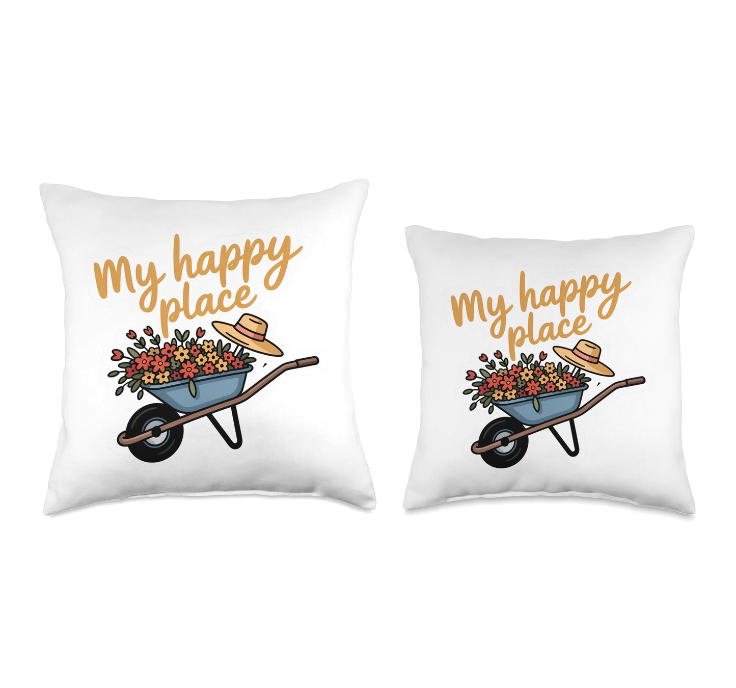 Cheerful Wheelbarrow Flowers Straw Hat Gardening Throw Pillow