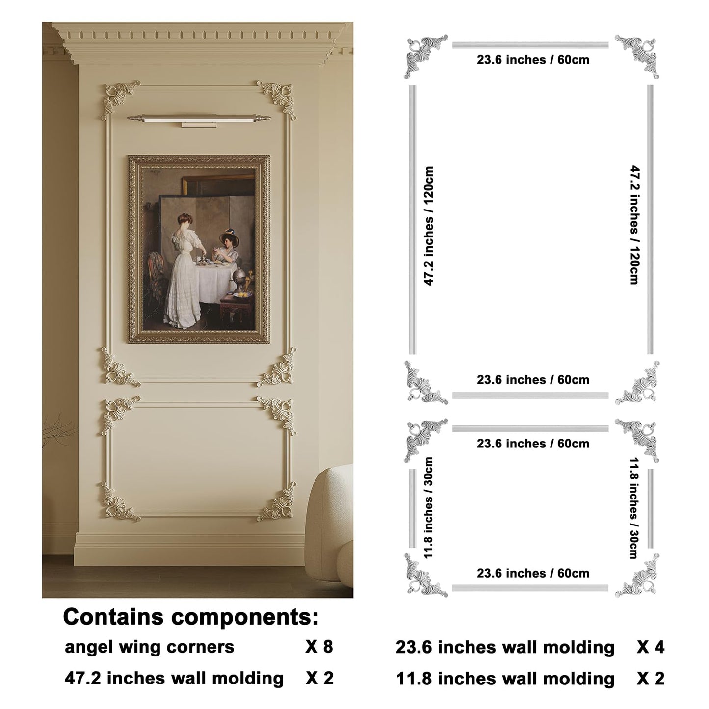 Ready to Assemble Wall Molding Kit Corners Made into 1 Top and 1 Bottom Frame Premade Accent Wall Molding Wainscoting Panels for Interior Wall Decor Living Room and Bedroom