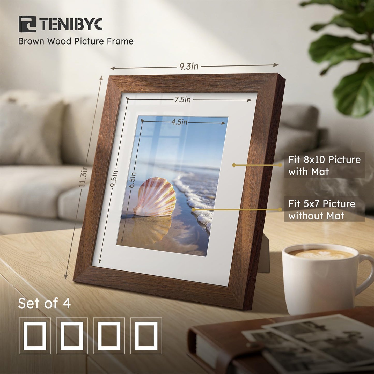 TENIBYC 8x10 Picture Frame Set - 4 Pack, Brown Solid Wood Photo Frames - Tempered Glass - Displays Photos 5x7 with Mat or 8 x 10 without - Room, Office, Gallery, and Hallway Decor - Wall Hanging