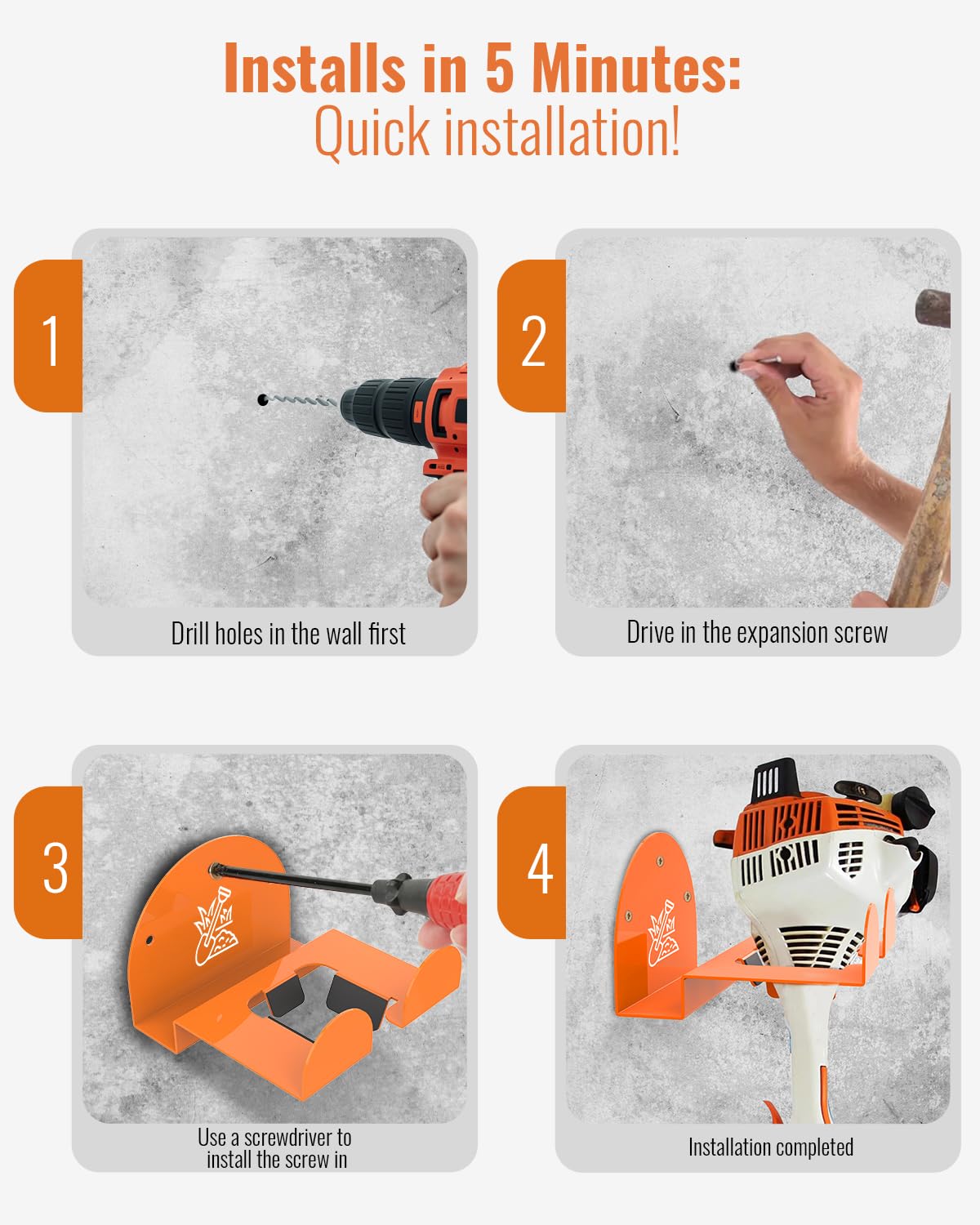 Weedeater Rack & Snow Shovel Hanger - 4 Pack - 180LB Heavy-Duty Alloy Steel Wall Mount Set for Winter Gear, Stihl Power Tools, Grass Trimmer, Garden Tools, Space-Saving Storage for Garage, Shed