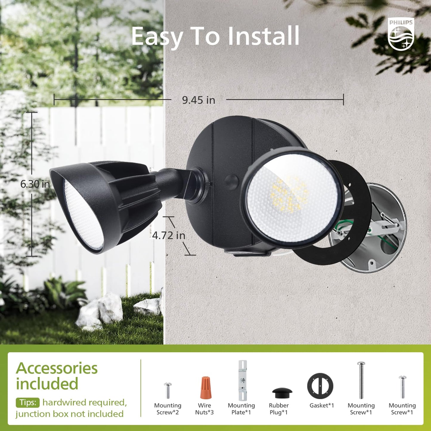 Philips 44W 3500LM LED Security Flood Light Outdoor,Switch Controlled Aluminum Security Light, 2 Adjustable Heads,5000K Daylight,Wet Location for Patio, Garden, Yard Lights
