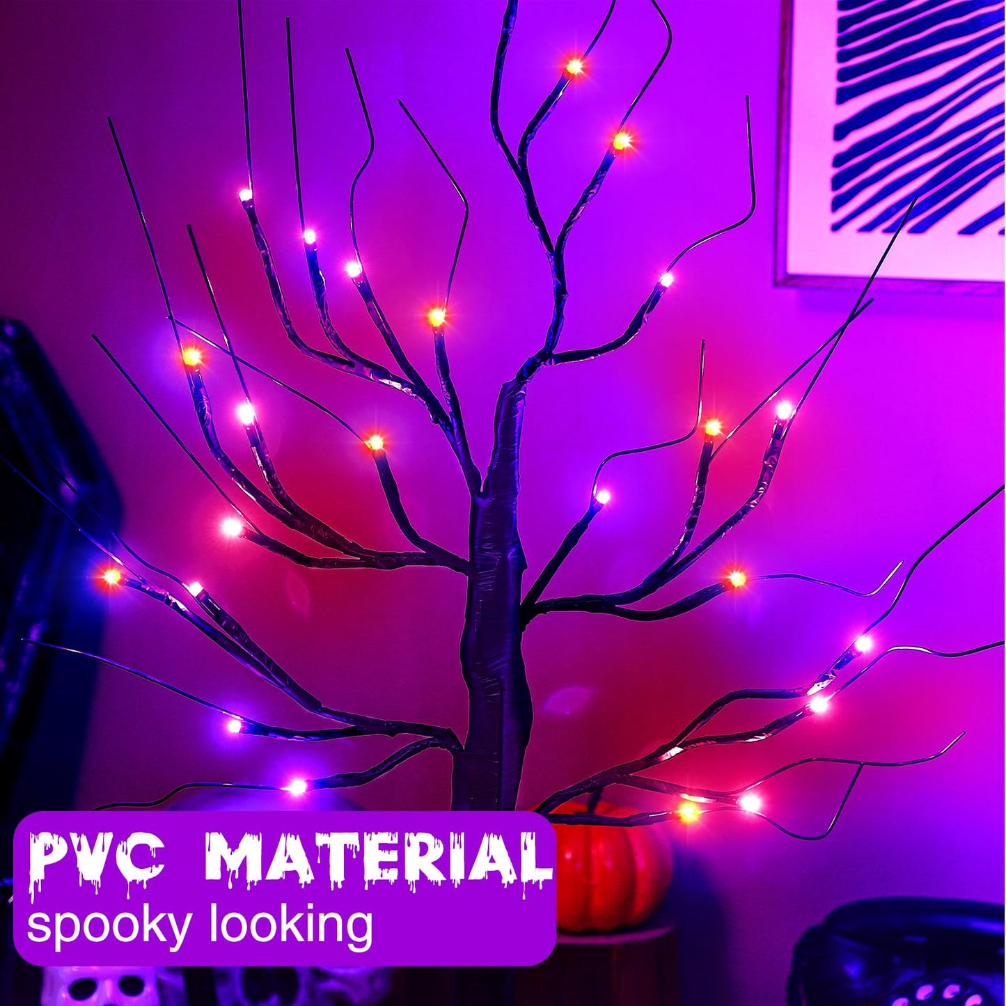 Ganeen 2 Pcs Halloween Decorations Indoor 24 Inch/2 ft Lighted Orange and Purple Birches Tree with Timer 48 LED Lights Willow Battery Operated Artificial Black Tabletop Spooky Tree for Home and Party