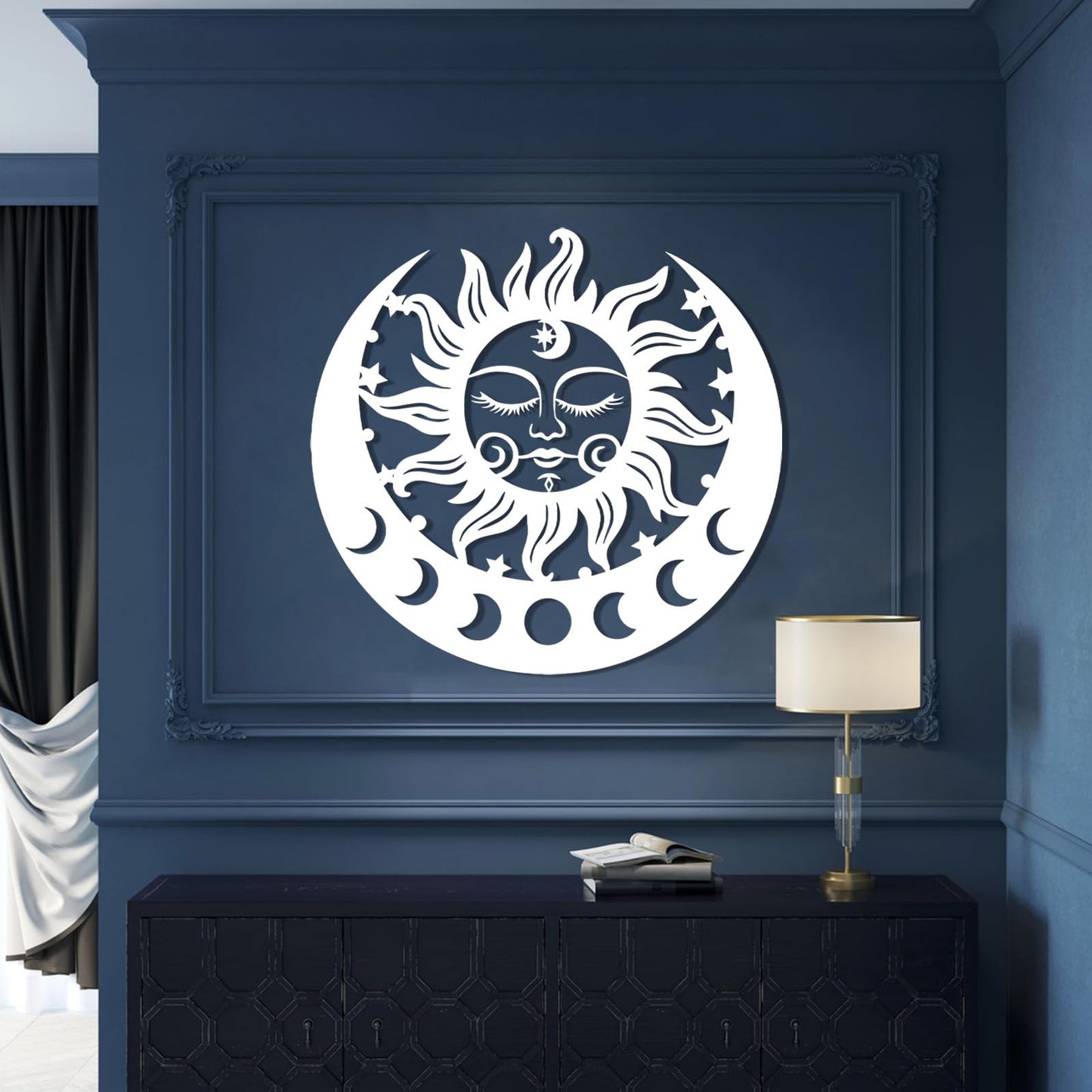 Sun and Moon Metal Wall Decor, Moon Phase Metal Wall Decor, Boho Celestial Wall Art, Celestial Sun Moon Wall Art, Large Sun Face Wall Hanging for Living Room, Outdoor (Black, 38"x35"/96x90cm)