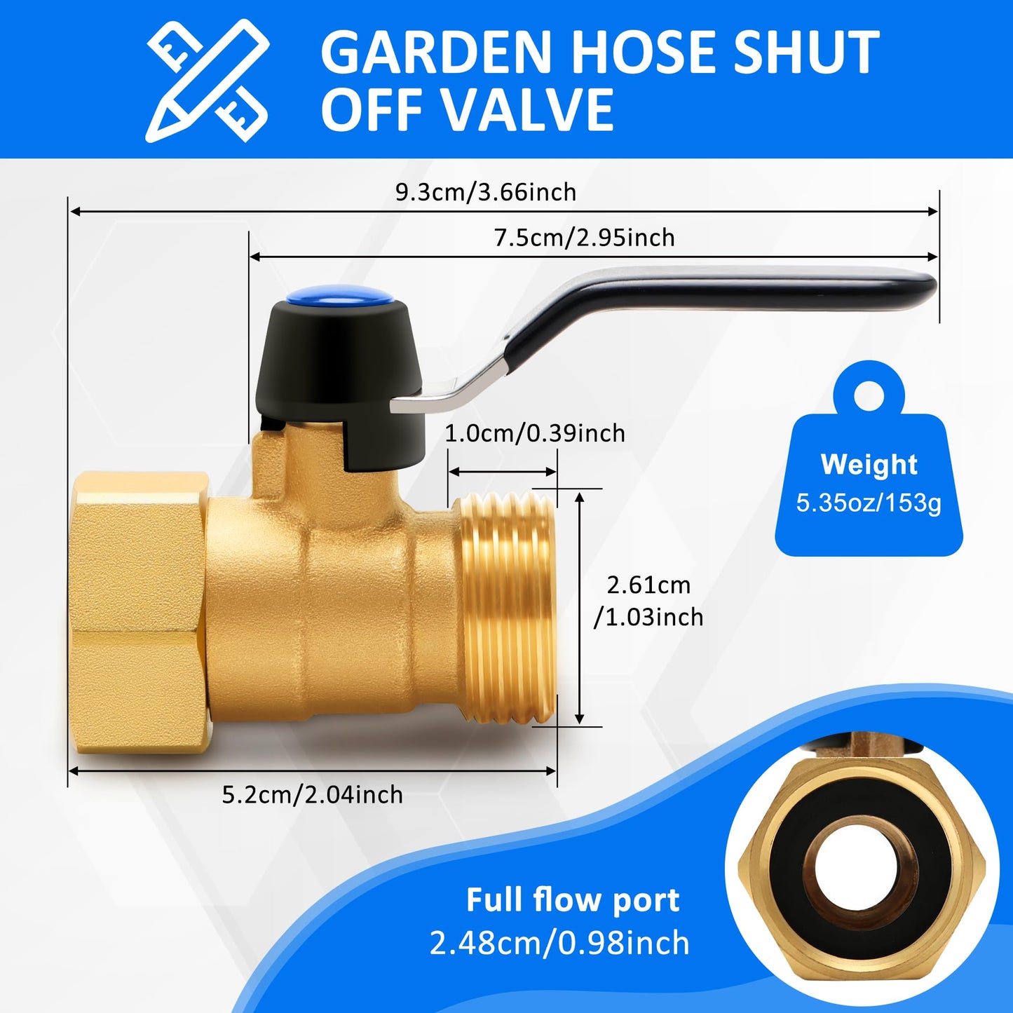 Brass Garden Hose Shut Off Valve with Full-Flow Design – Heavy Duty 3/4" GHT Nozzle Connector, 304 Stainless Steel Handle – 2 PC (Full Flow, Corrosion-Resistant)