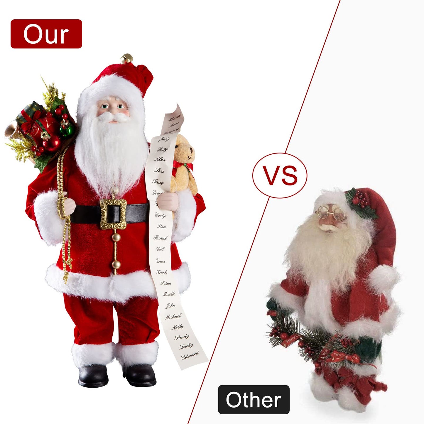 Uten Christmas Decorations, 18" Santa Clause Figurines Decorations, Christmas Socks and Gifts Bag Standing Home Party Holiday Decor and Birthday Gifts.