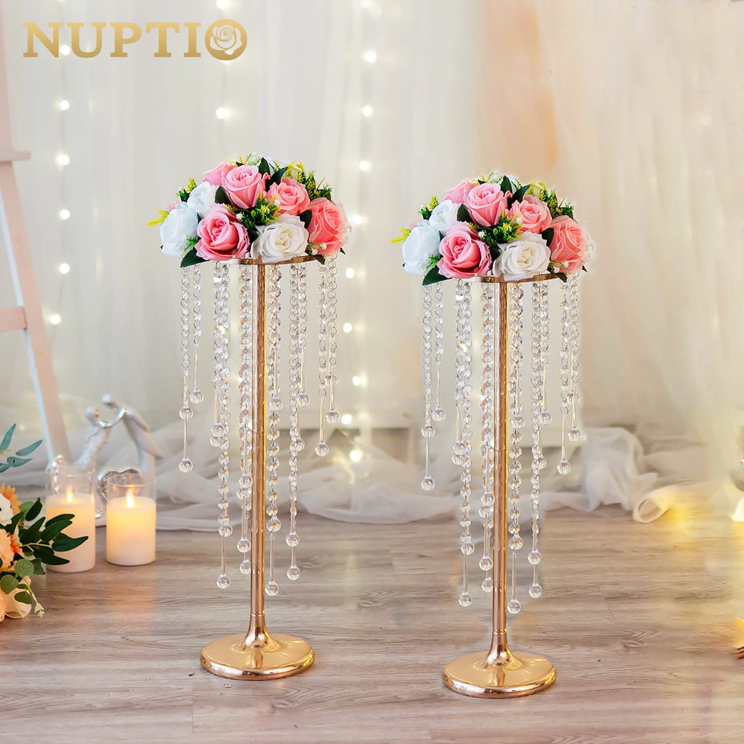 NUPTIO Gold Vases for Centerpieces Wedding - 10 Pcs 21.7in Tall Vase Centerpieces for Tables - Chandelier Flower Stand Bulk