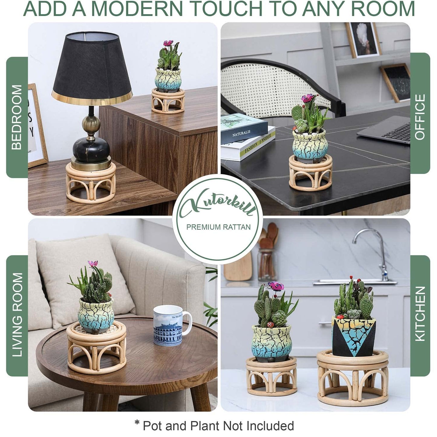 Set of 2 Small Boho Rattan Wicker Round Riser Plant Stand Indoor,Rustic Farmhouse Natural Wooden Circle Pedestal for Decor & Display, Tabletop, Office Decor