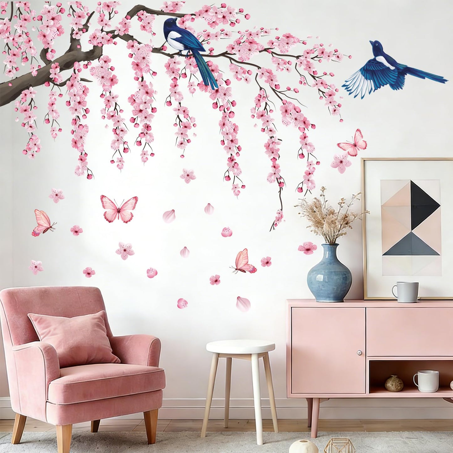 Cherry Blossom Wall Decals Stickers - Tree Floral Birds Wall Stickers Spring Pink Peel and Stick Wall Murals Decor for Living Room Bedroom