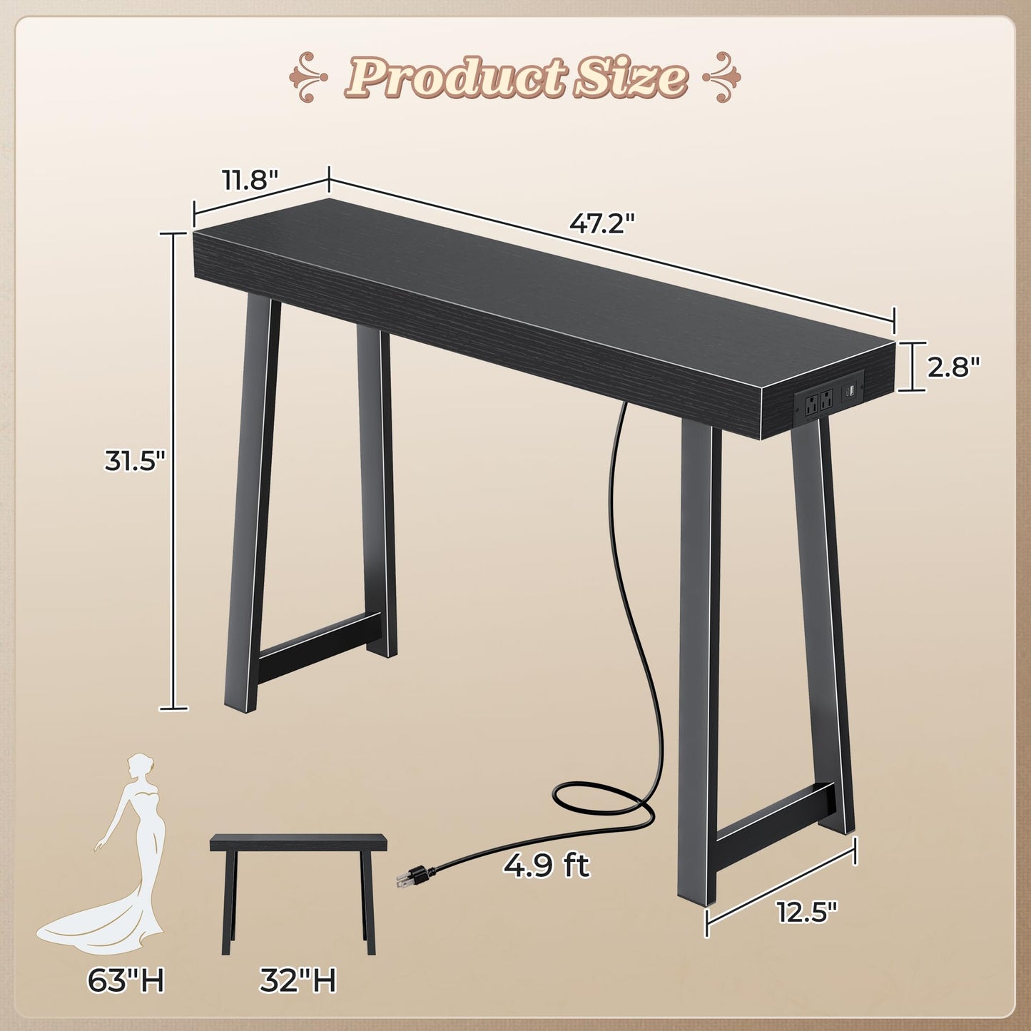 Huuger Entryway Console Table with Charging Station, USB-C Port, 47.2 Inch Sofa Table with Metal Legs, Entry Hallway Table with Thicker Desktop, Modern Behind Couch Table, Black