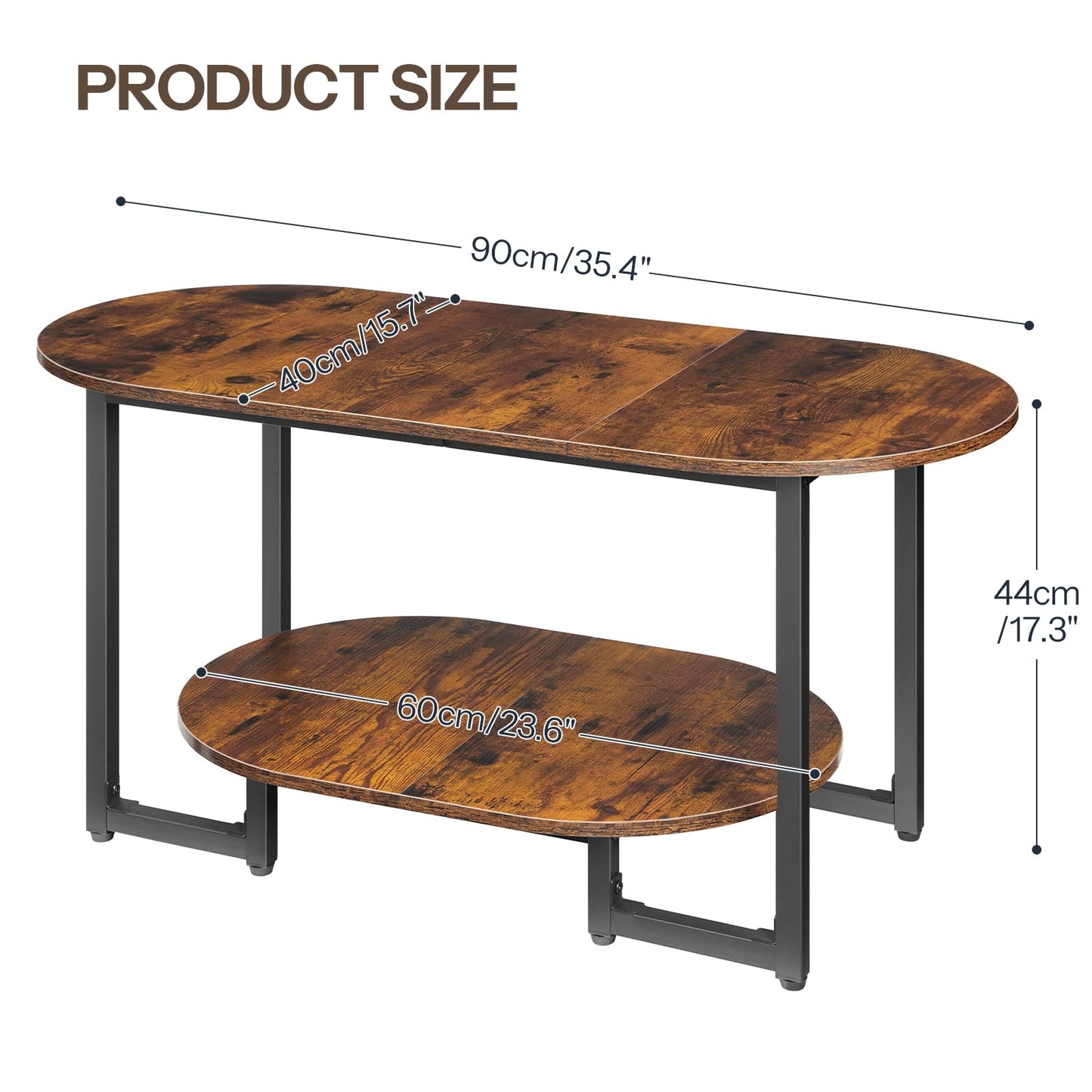 HOOBRO Coffee Table for Living Room, Oval Small Coffee Table with 2-Tier Open Storage Shelf, Industrial Cocktail Tea Table, Wooden Desktop Center Table, Farmhouse, Home Office, Rustic Brown BF09KF01