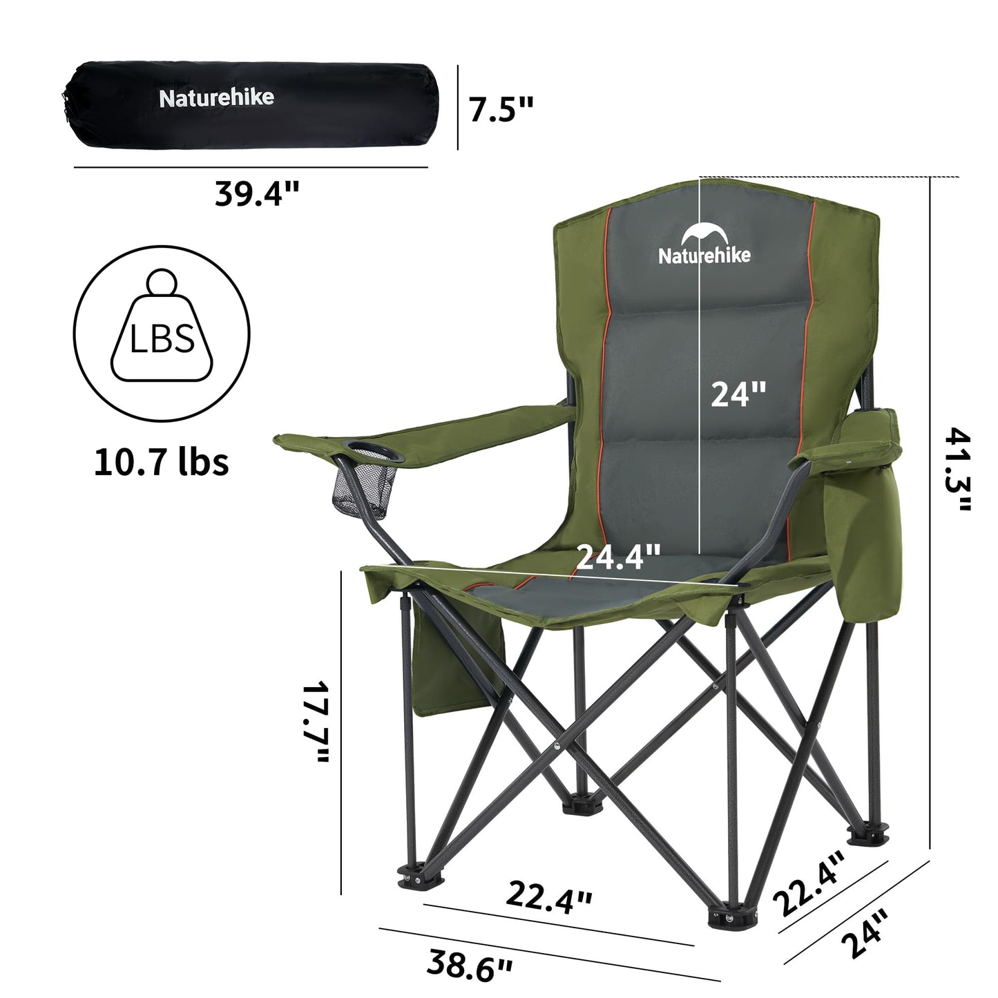 Naturehike Oversized Camping Chair with Cooler Bag, Heavy Duty Lawn Chair Support 450 LBS, Portable Padded Outdoor Folding Chair, 2 Pack