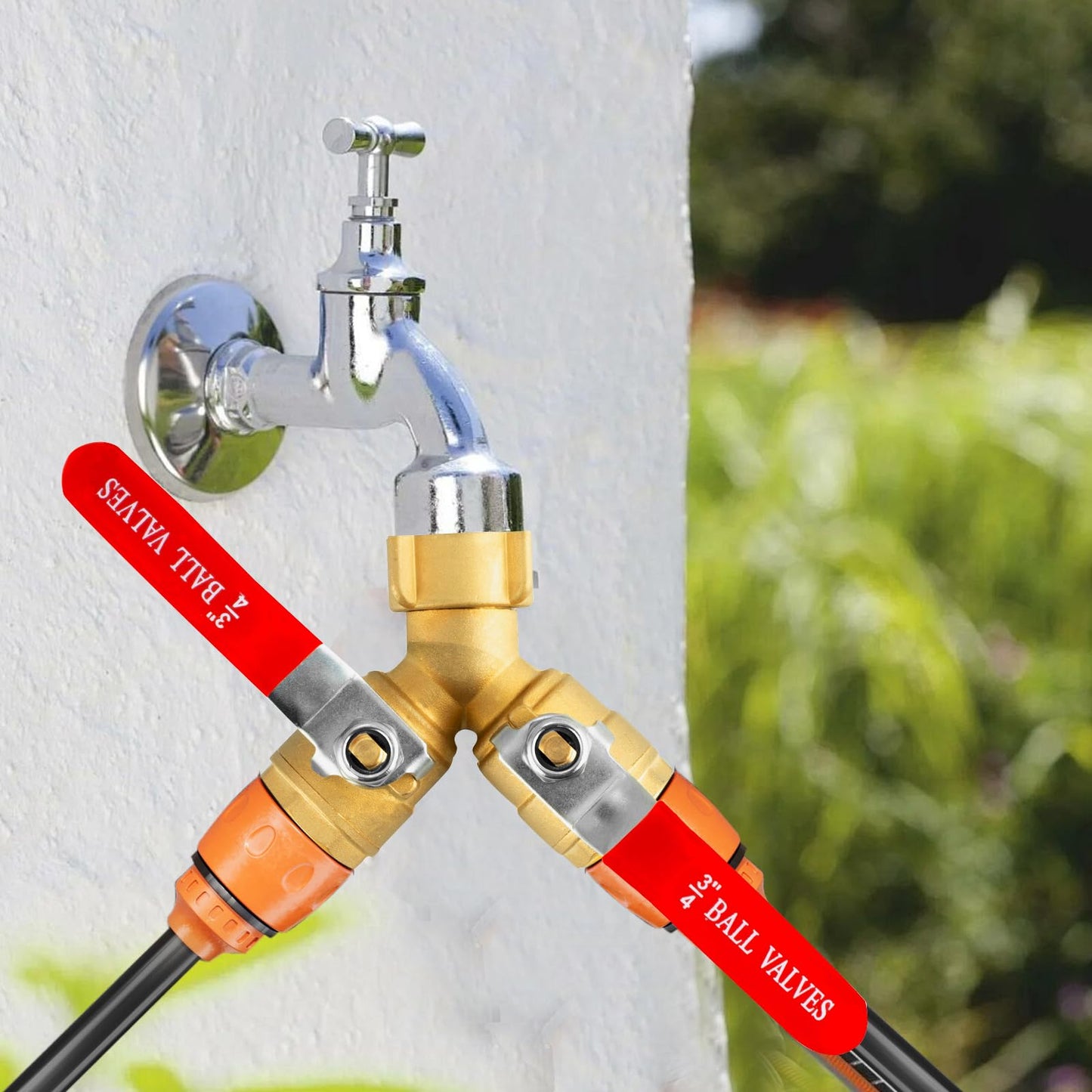 ZZBUY Hose Splitter 2 Way Heavy Duty, 3/4 Inch GHT Thread Y Valve Connector with Stainless Steel Long Handle, Full Flow Brass Garden Hose Splitter for Outdoor Faucet, Washing, and Garden Irrigation