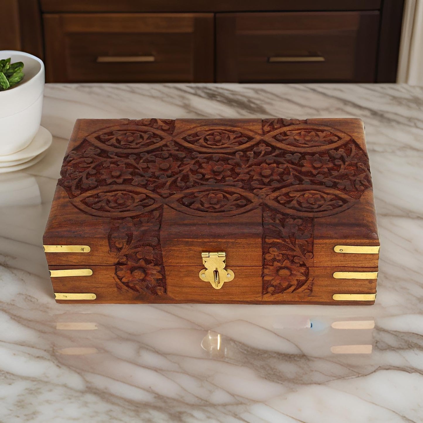 Ajuny Handcarved Treasure Chest Wooden Decorative Jewelry Storage Box Eye Floral Design Multipupose Small Memory Keepsake Box Pretty Gift Box Wood Trinket Boxes - 8X5 Inch