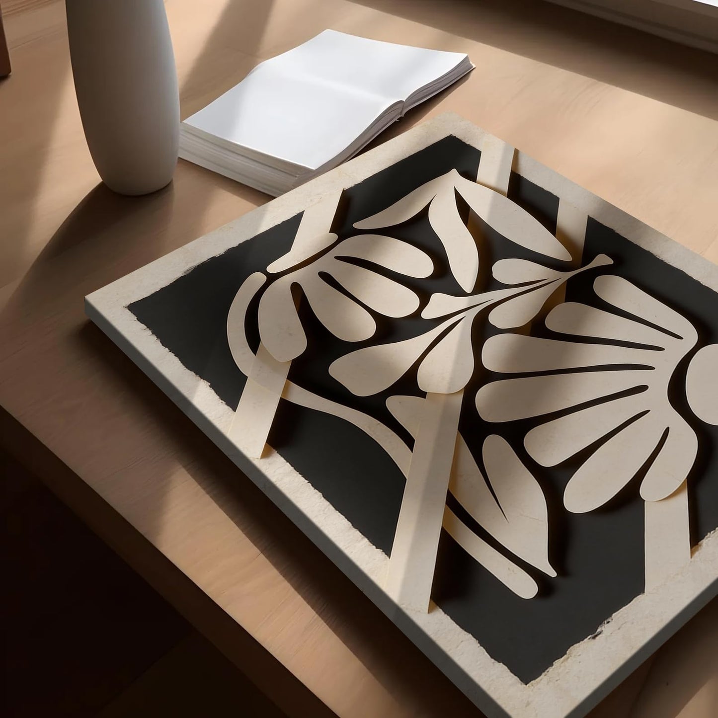 Moody Abstract – Mid Century Modern Botanical Wall Art, Beige & Black Organic Shapes, Scandinavian Decor (24 * 36inch,Frame)
