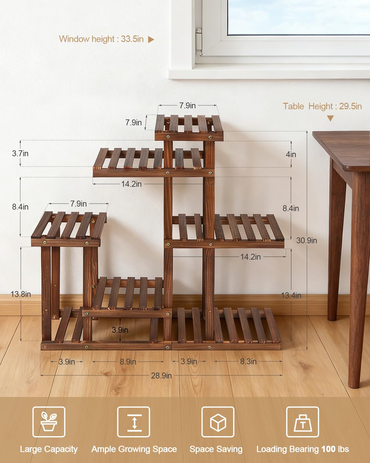 Carbonized Wood Plant Stand, 6-Tier Indoor Tiered Plant Shelves, Space-Saving Narrow Wood Plant Rack for Multiple Plants, Sturdy Flower Stand for Living Room/Balcony/Garden/Outdoor, Easy Assembly