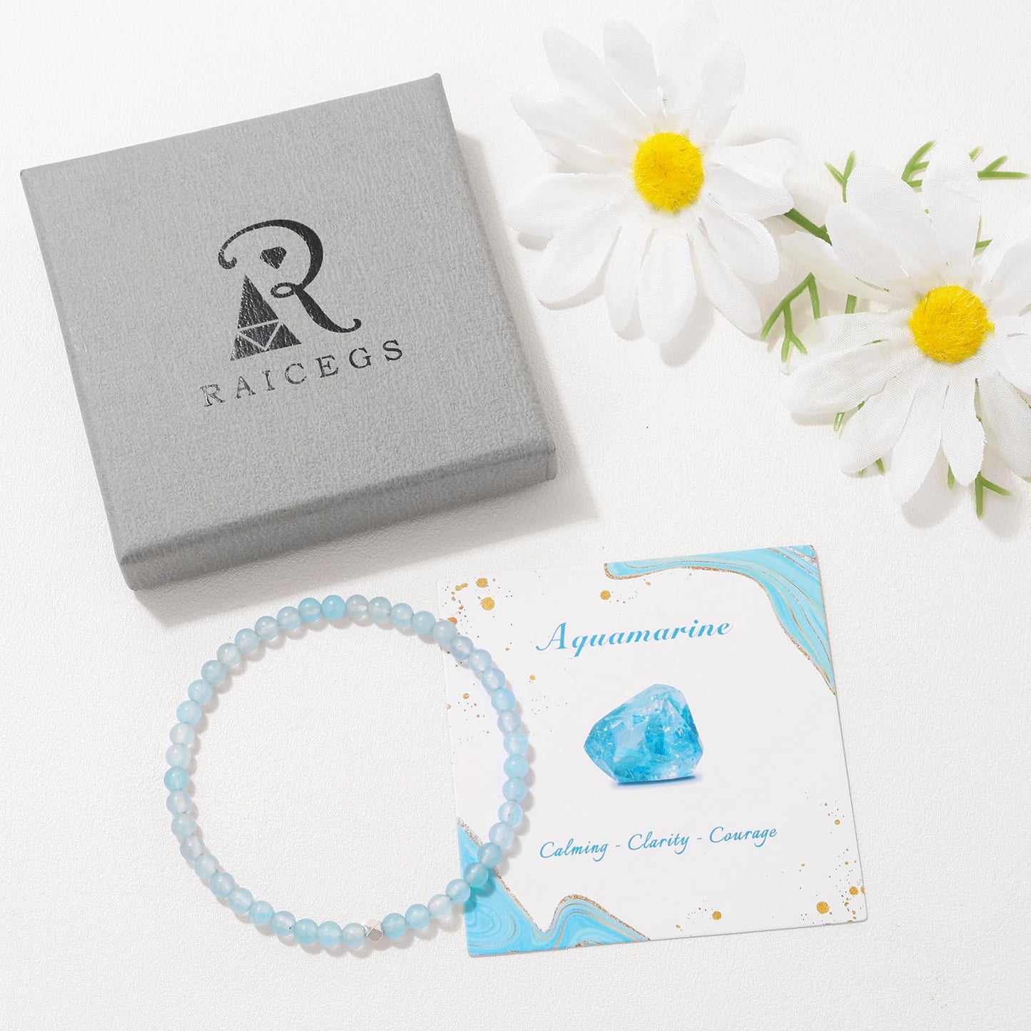 Raicegs 4MM Aquamarine Beaded Bracelets Healing Crystal Bracelet for Women Men Natural Stone Handmade Stretch Bracelet Reiki Spiritual Jewelry