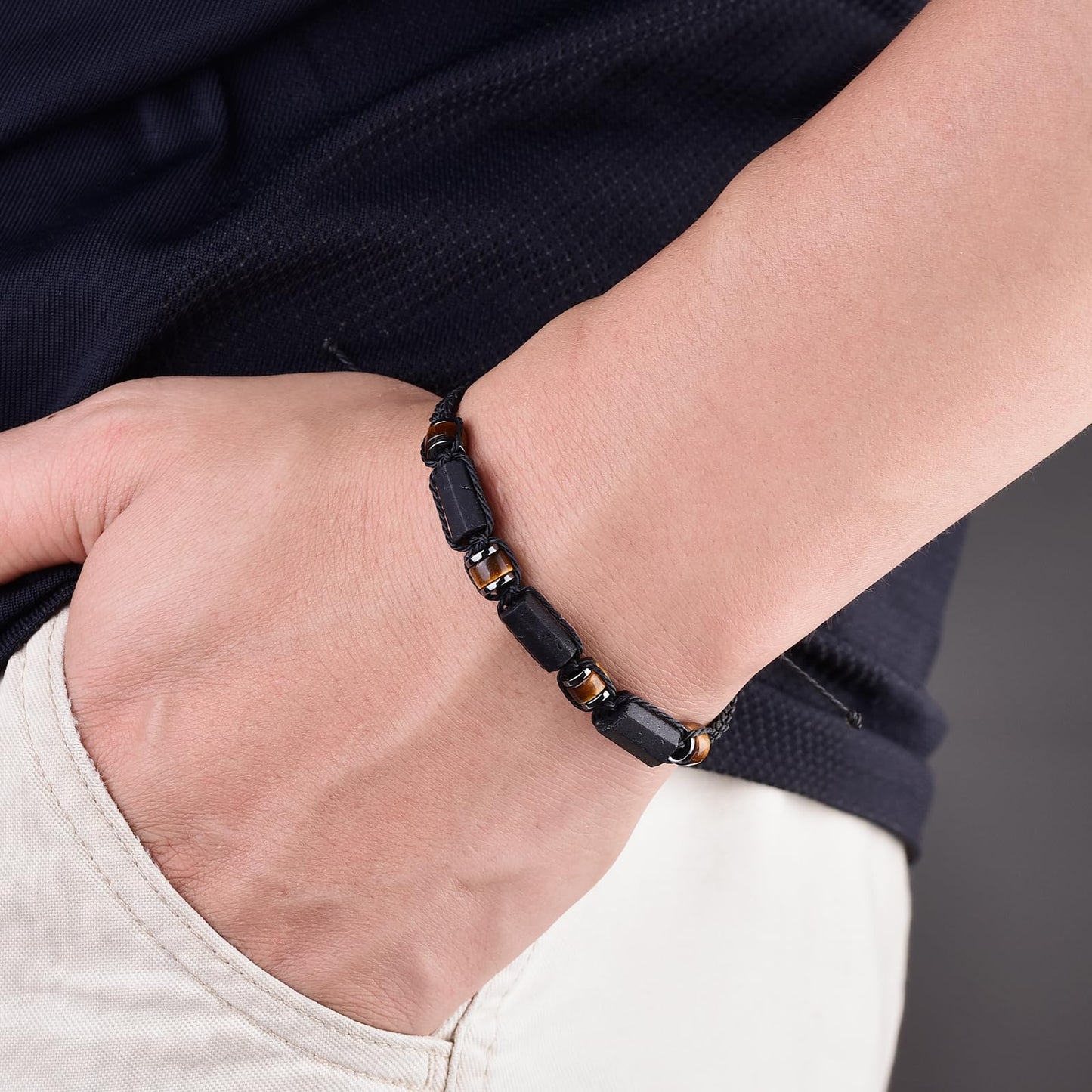 Senxilk Black Tourmaline Bracelet,Tiger eye and Hematite Protection Bracelet for Men Teens Boys Gift Ideas Handmade Wax Rope Braided Adjustable