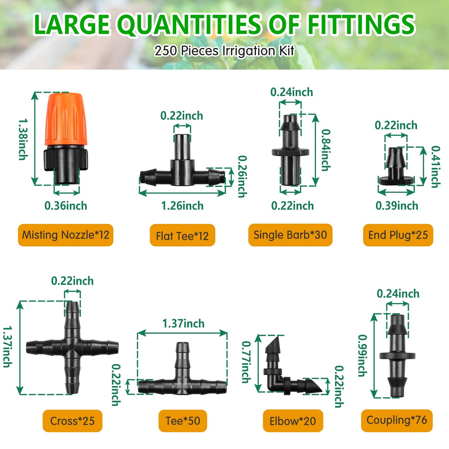 250 Pcs Drip Irrigation Fittings Kit for 1/4" Tubing:Gardrip 1/4 Inch Drip Irrigation Barbed Connectors (Nozzles, Nozzle Tees, Single Barbs, Couplings, Tees, Elbows, Plugs, Crosses) for Garden Systems