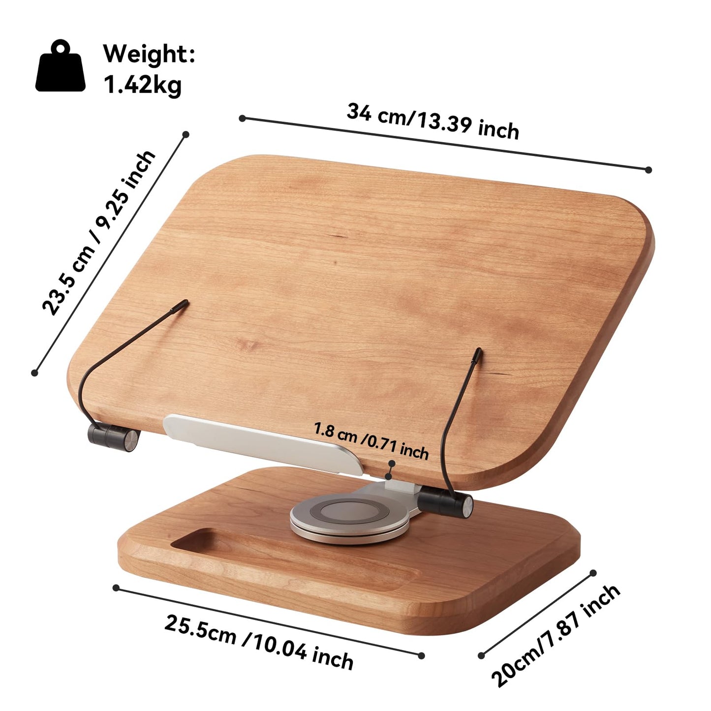 Book Stand for Reading, Mayhas Adjustable Book Holder with 360° Swivel Base&Page Clips, Foldable Desktop Stand for Cookbook, Fits All Books (Cherry Wood, Wood Base)